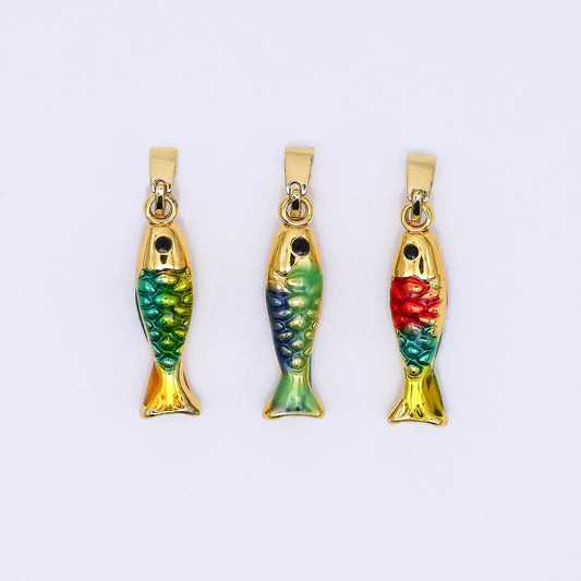 24K Gold Filled 20mm Black Round CZ Enamel Art Ocean Fish Animal Dainty Pendant in Green, Red, & Blue | AH-512 AH-513