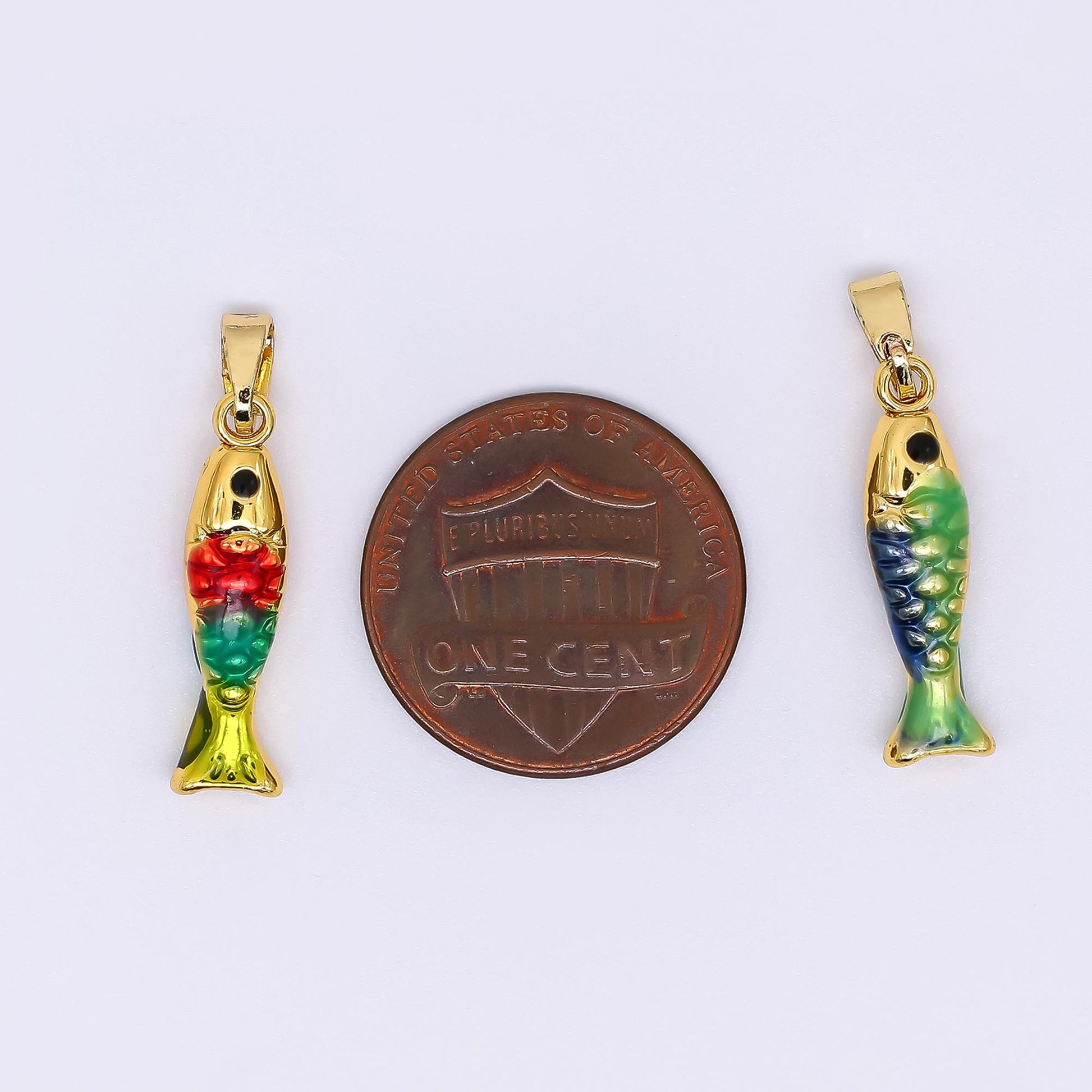 24K Gold Filled 20mm Black Round CZ Enamel Art Ocean Fish Animal Dainty Pendant in Green, Red, & Blue | AH-512 AH-513