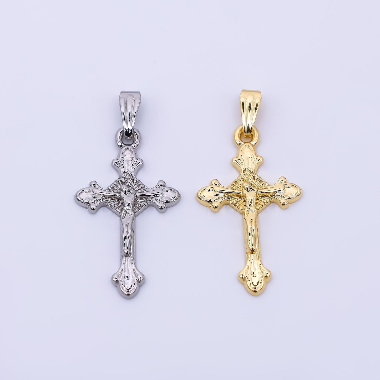 24K Gold Filled Religious Jesus Crucifix Fleur Cross Pendant in Gold & Silver | AA1609
