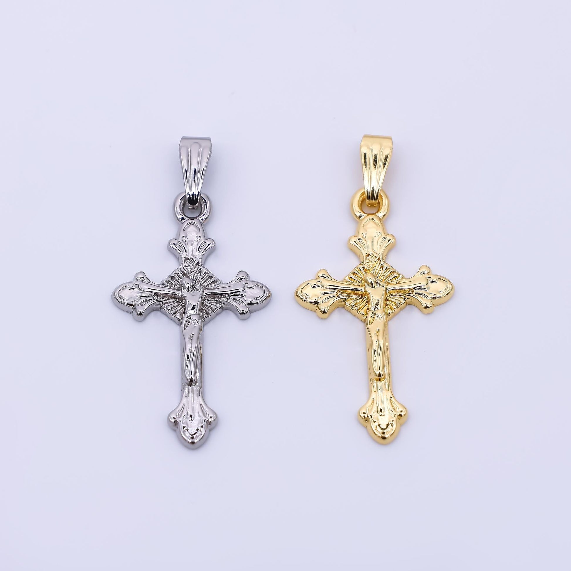 24K Gold Filled Religious Jesus Crucifix Fleur Cross Pendant in Gold & Silver | AA1609
