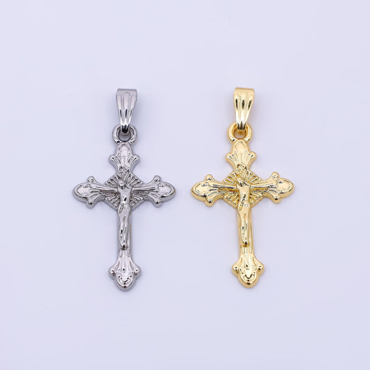 24K Gold Filled Religious Jesus Crucifix Fleur Cross Pendant in Gold & Silver | AA1609