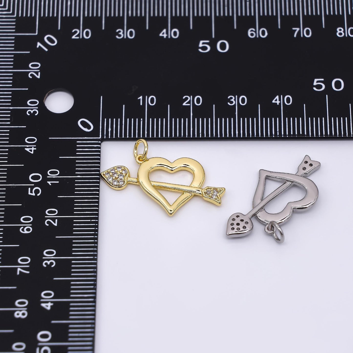 24K Gold Filled 15.5mm Micro Paved CZ Open Heart Arrow Charm in Gold & Silver | AC1597