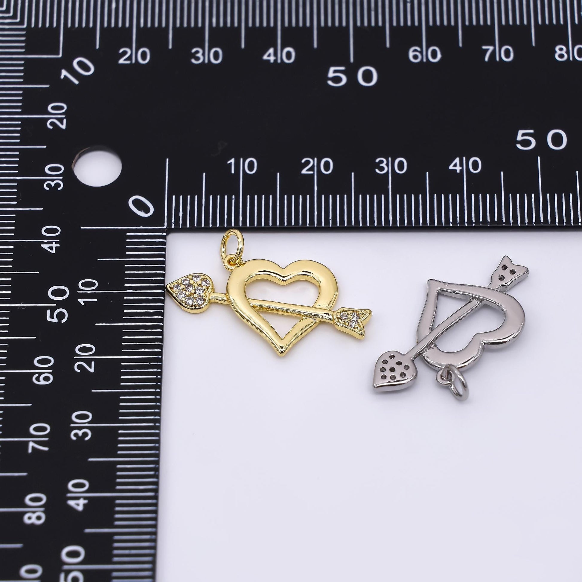24K Gold Filled 15.5mm Micro Paved CZ Open Heart Arrow Charm in Gold & Silver | AC1597