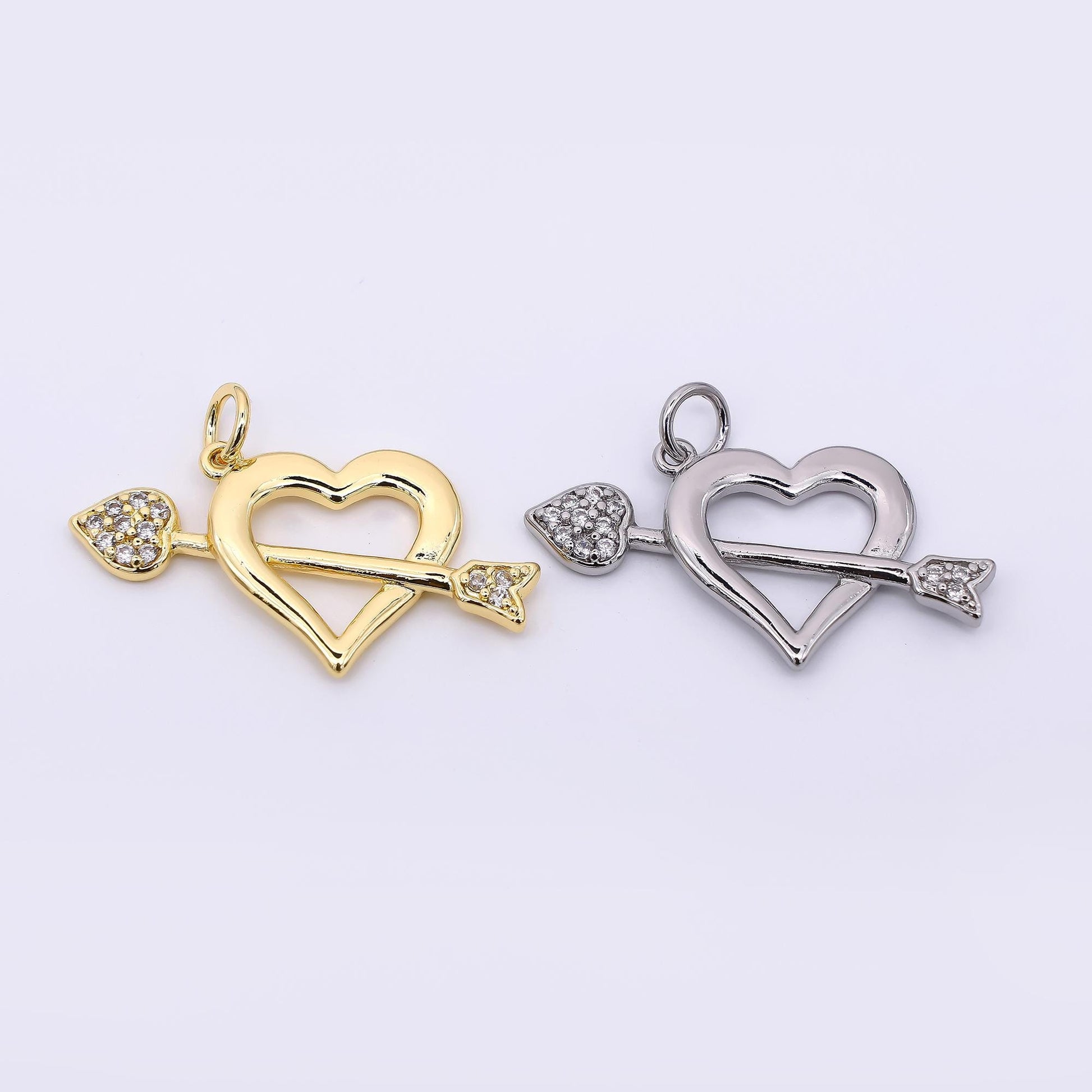 24K Gold Filled 15.5mm Micro Paved CZ Open Heart Arrow Charm in Gold & Silver | AC1597