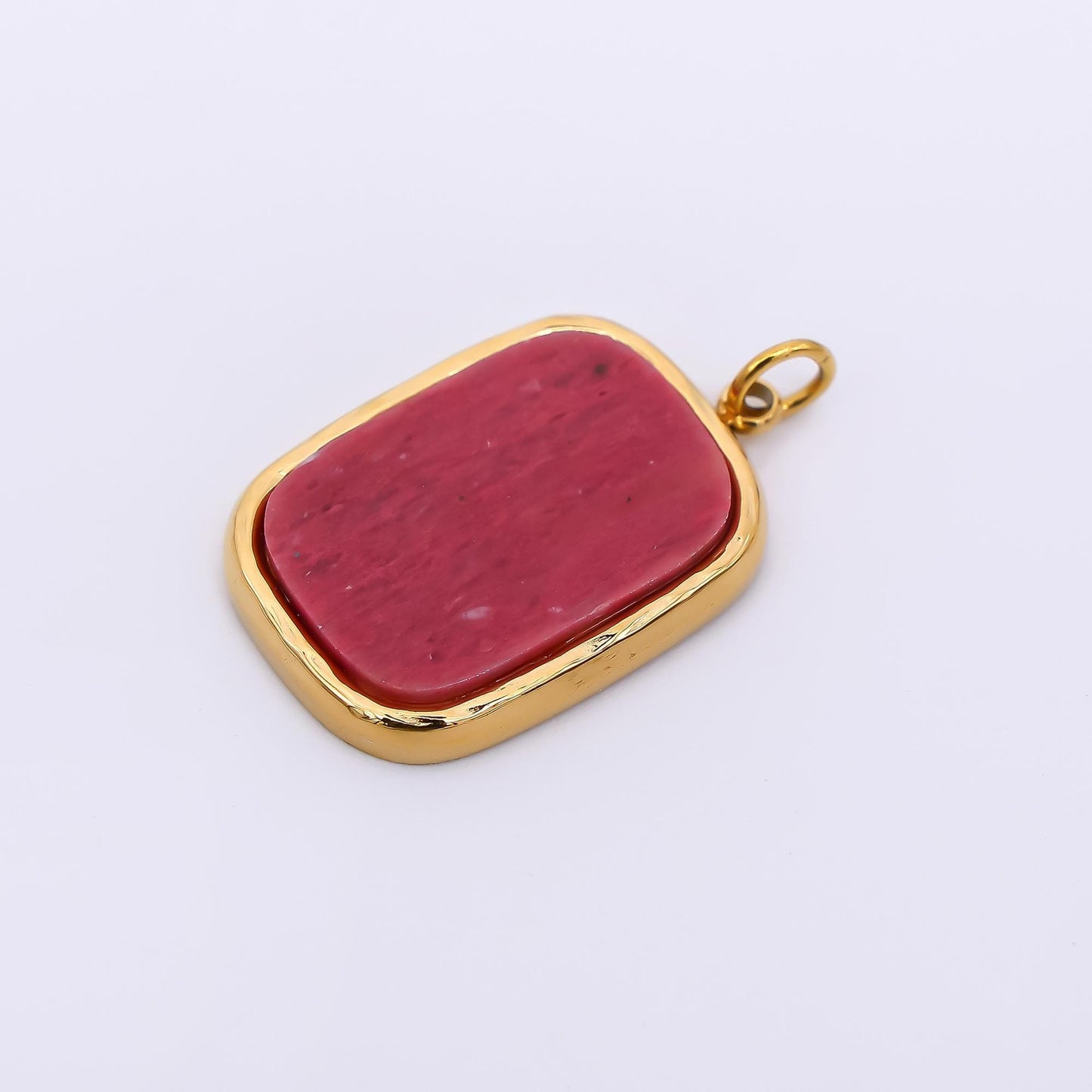 Stainless Steel 21mm Rectangle Natural Gemstone Amazonite & Red Jasper Foil Pendant Charm | J-354