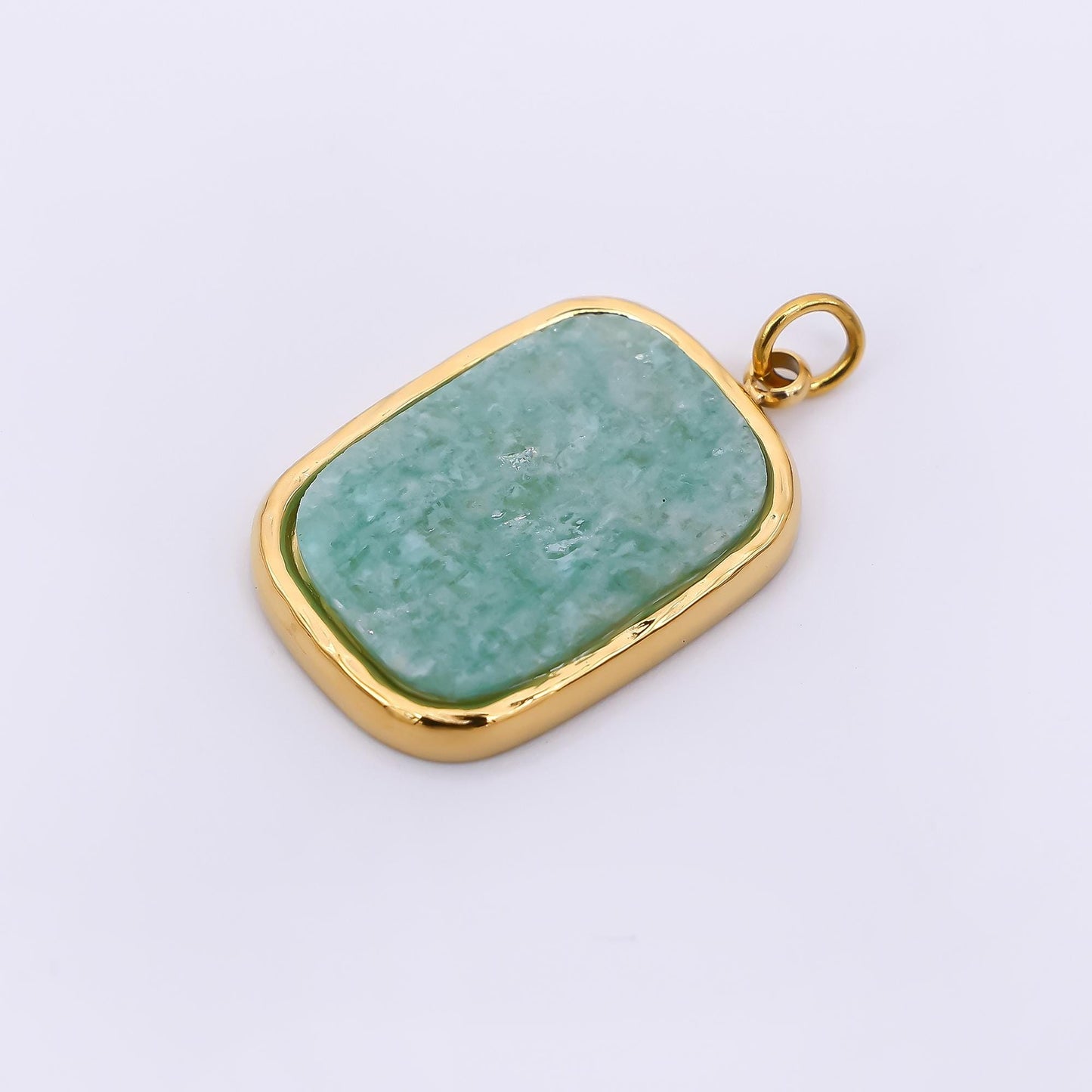 Stainless Steel 21mm Rectangle Natural Gemstone Amazonite & Red Jasper Foil Pendant Charm | J-354