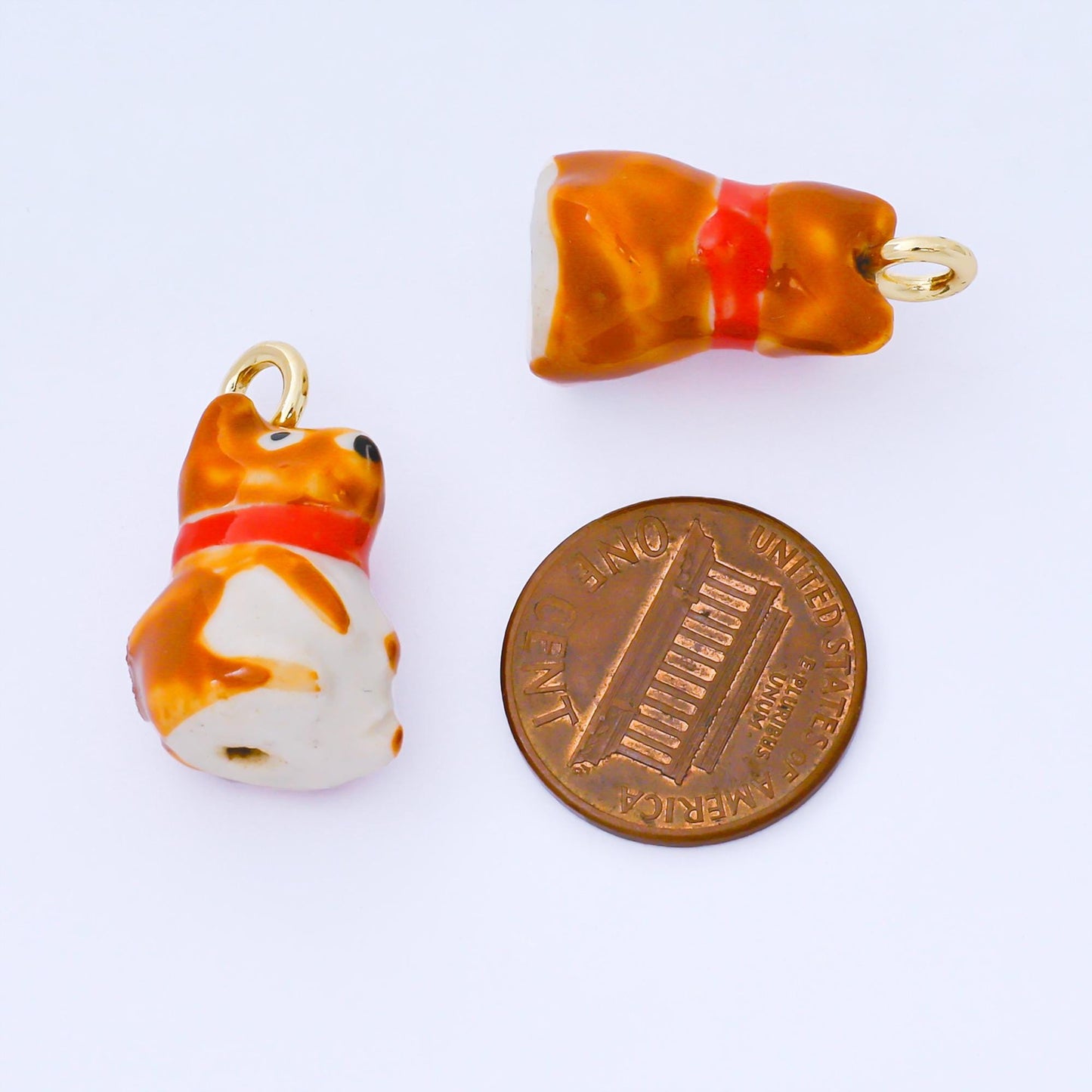 24K Gold Filled 21mm Handmade Ceramic Corgi Dog Animals Charm | AF1521