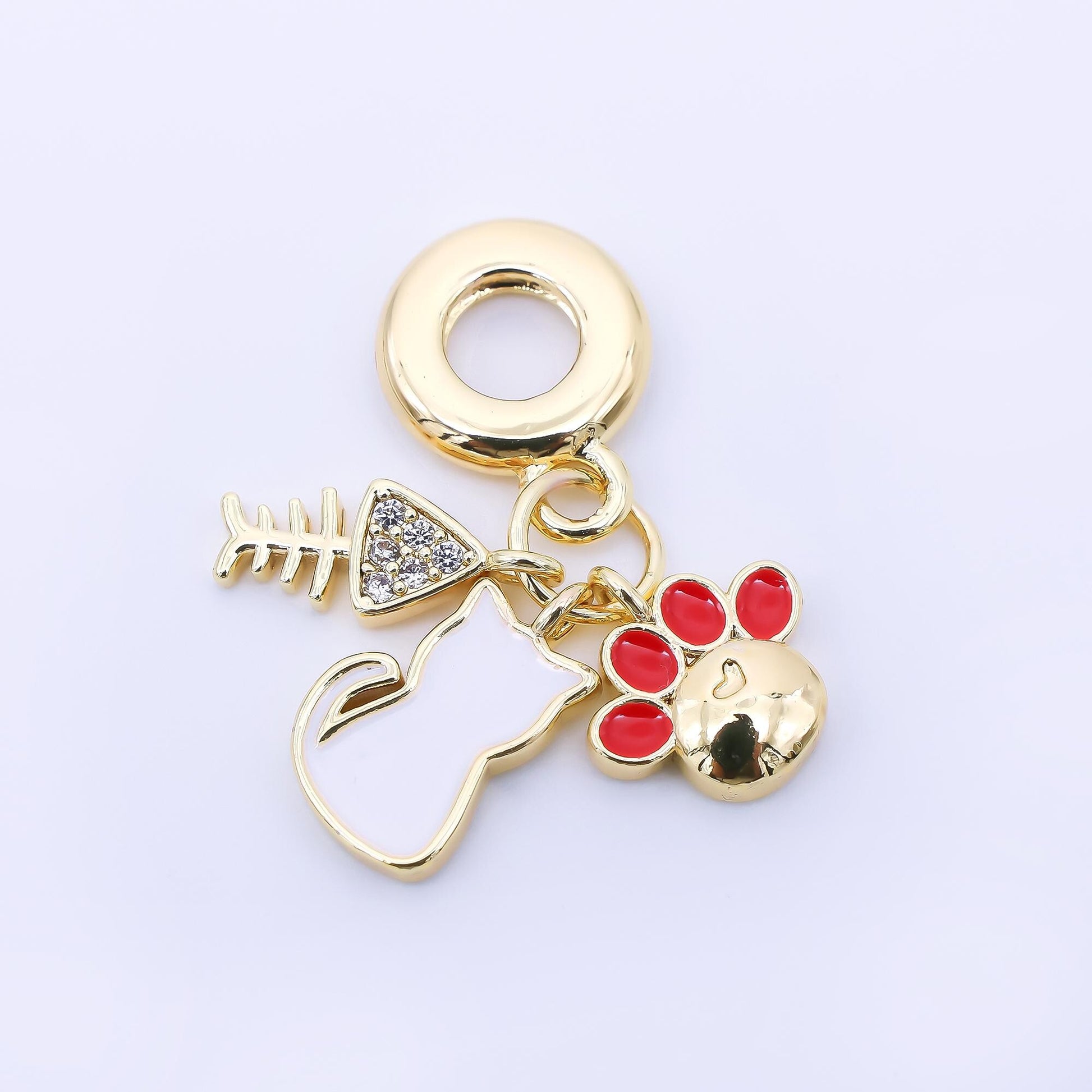 24K Gold Filled Pet Cat Kitten Paw Fish Bone Micro Paved Enamel Rondelle Drop Pendant | AF1308