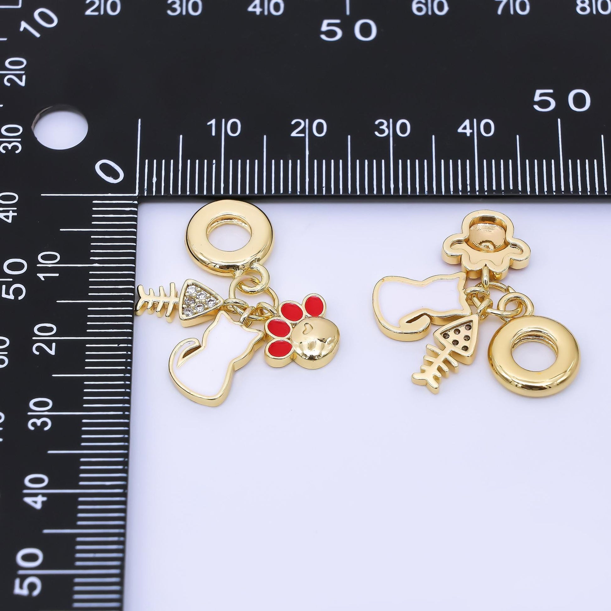 24K Gold Filled Pet Cat Kitten Paw Fish Bone Micro Paved Enamel Rondelle Drop Pendant | AF1308