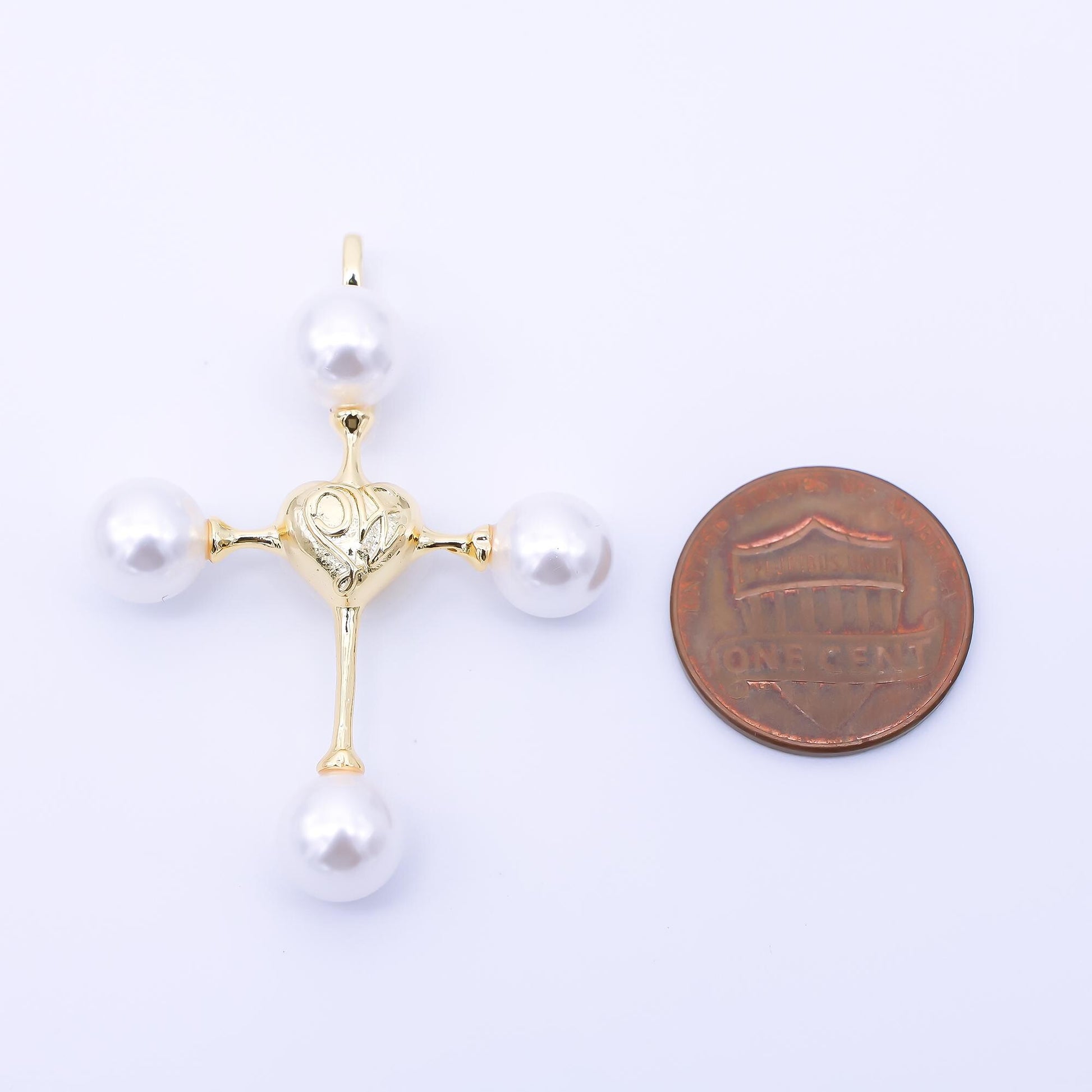 24K Gold Filled 44mm Shell Pearl Heart Religious Cross Pendant | AF570