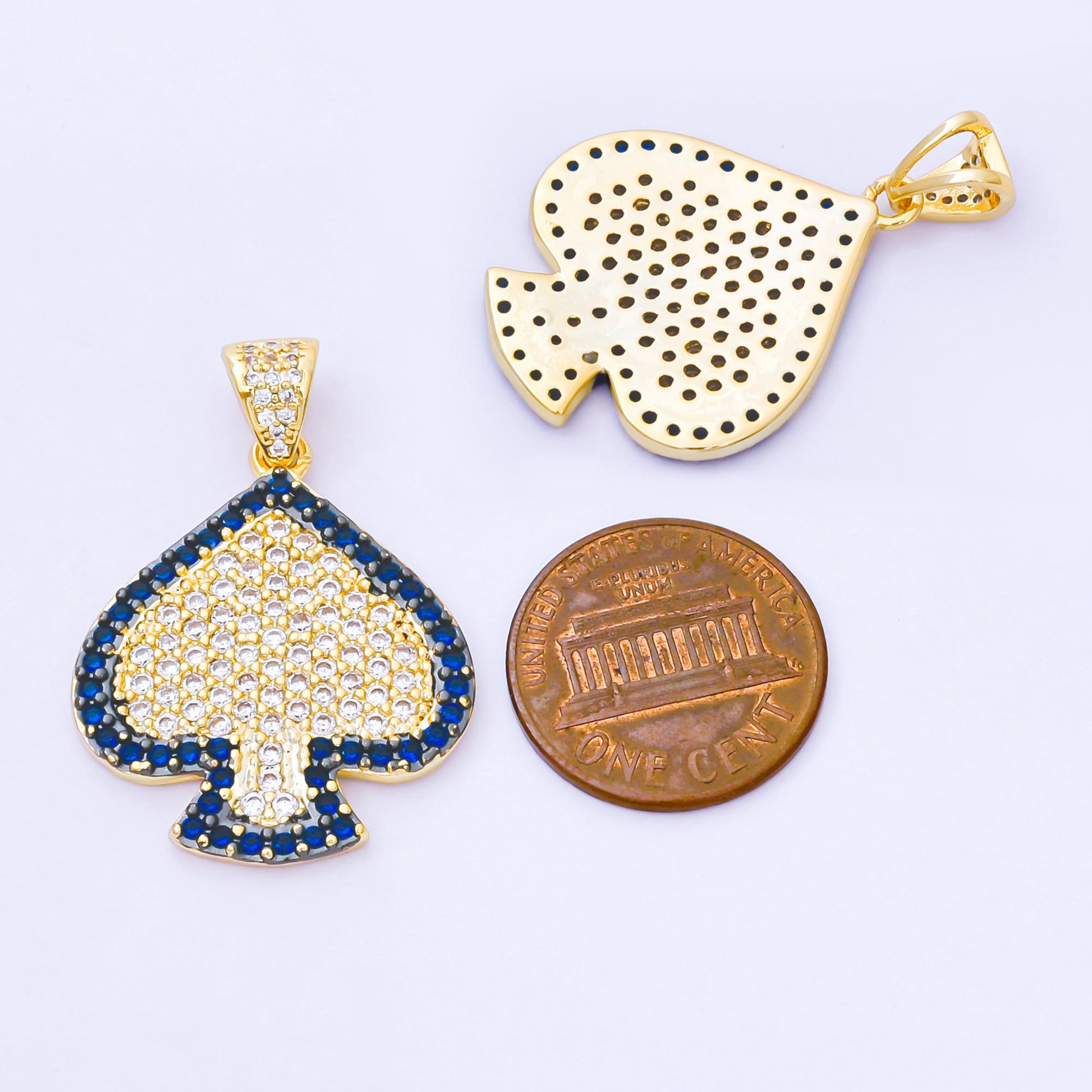 24K Gold Filled Clear Blue Micro Paved CZ Card Spade Pendant | AA1619