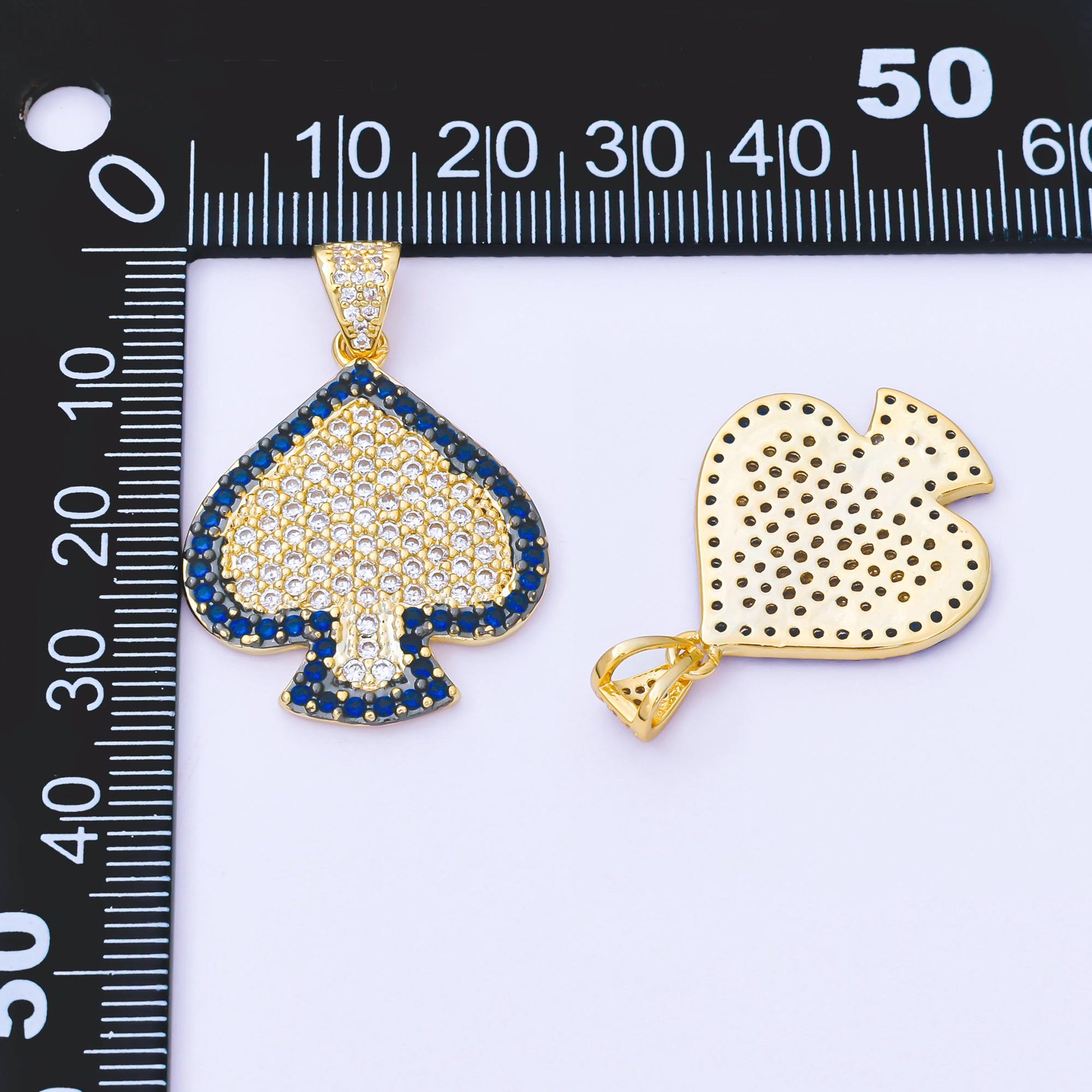 24K Gold Filled Clear Blue Micro Paved CZ Card Spade Pendant | AA1619