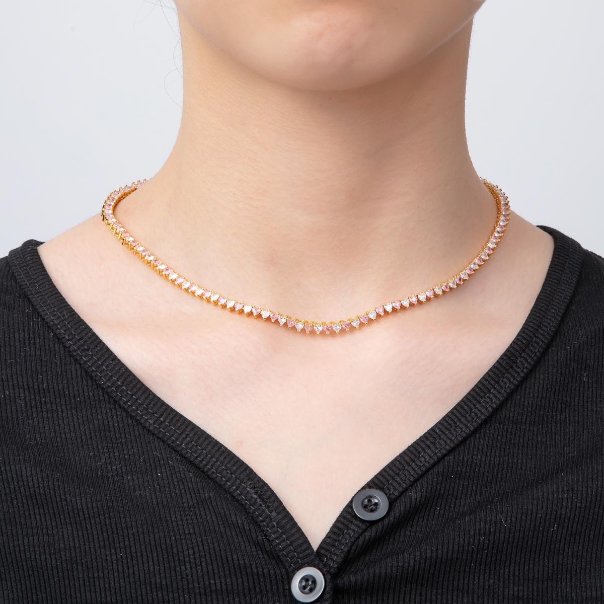 18K Gold Filled Heart Multi Color CZ Tennis Necklace 16.5 Inch Choker Short Necklace for Party Layering Necklace | WA-2037