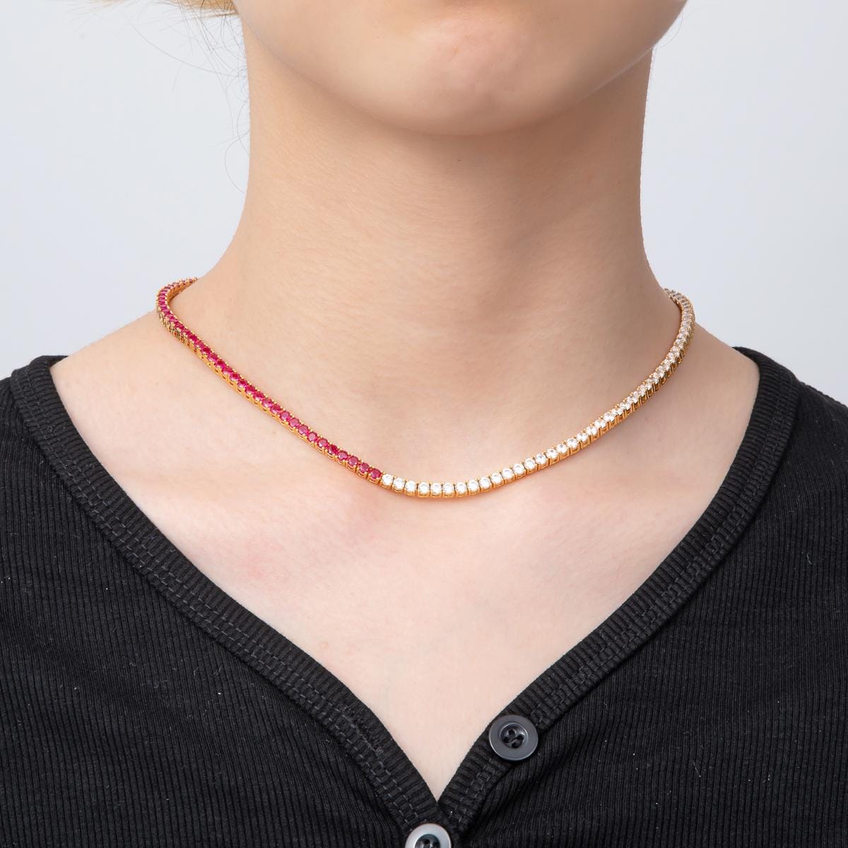18K Gold Filled Round Multi Color CZ Tennis Necklace 16.5 Inch for Party Layering Necklace | WA-3266