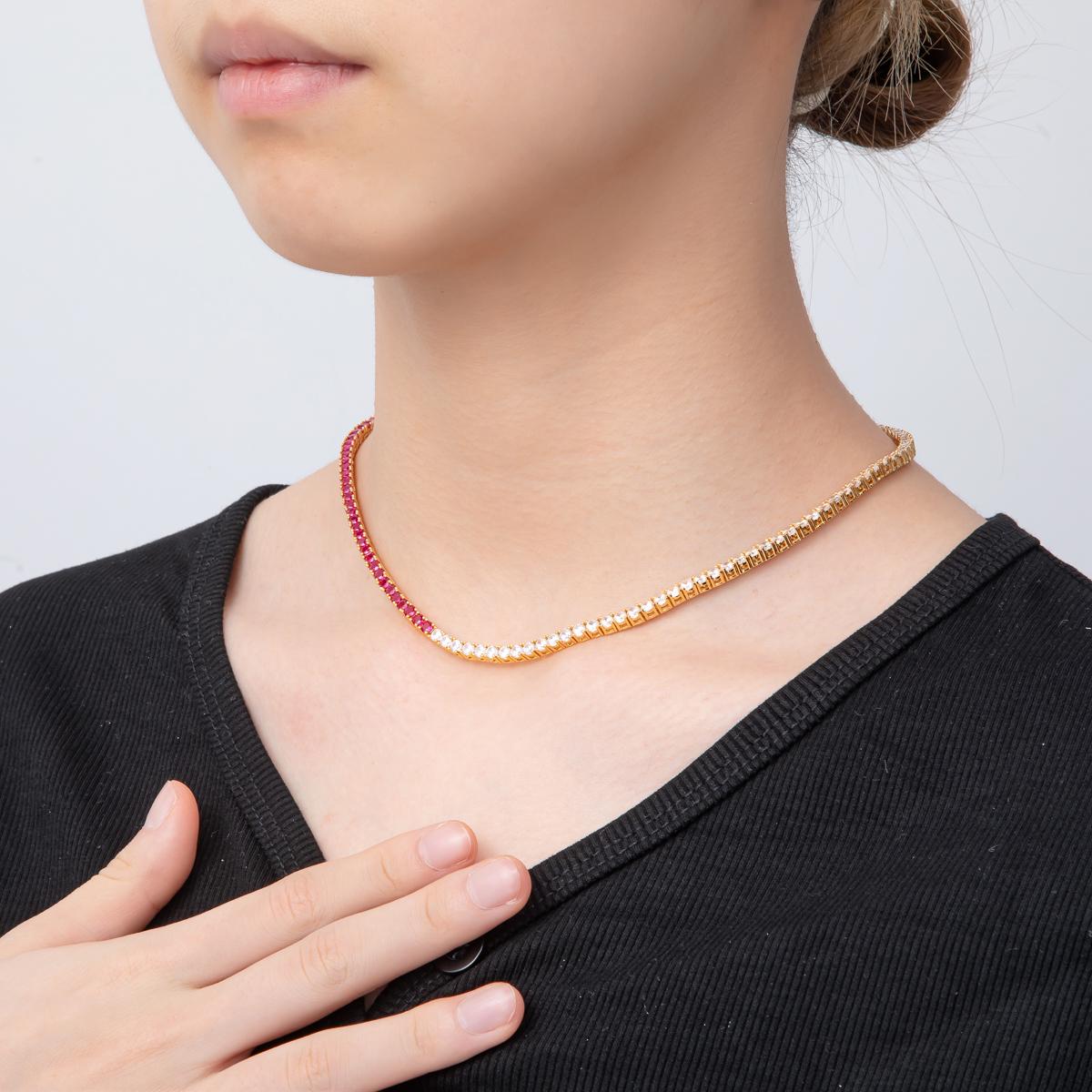 18K Gold Filled Round Multi Color CZ Tennis Necklace 16.5 Inch for Party Layering Necklace | WA-3266