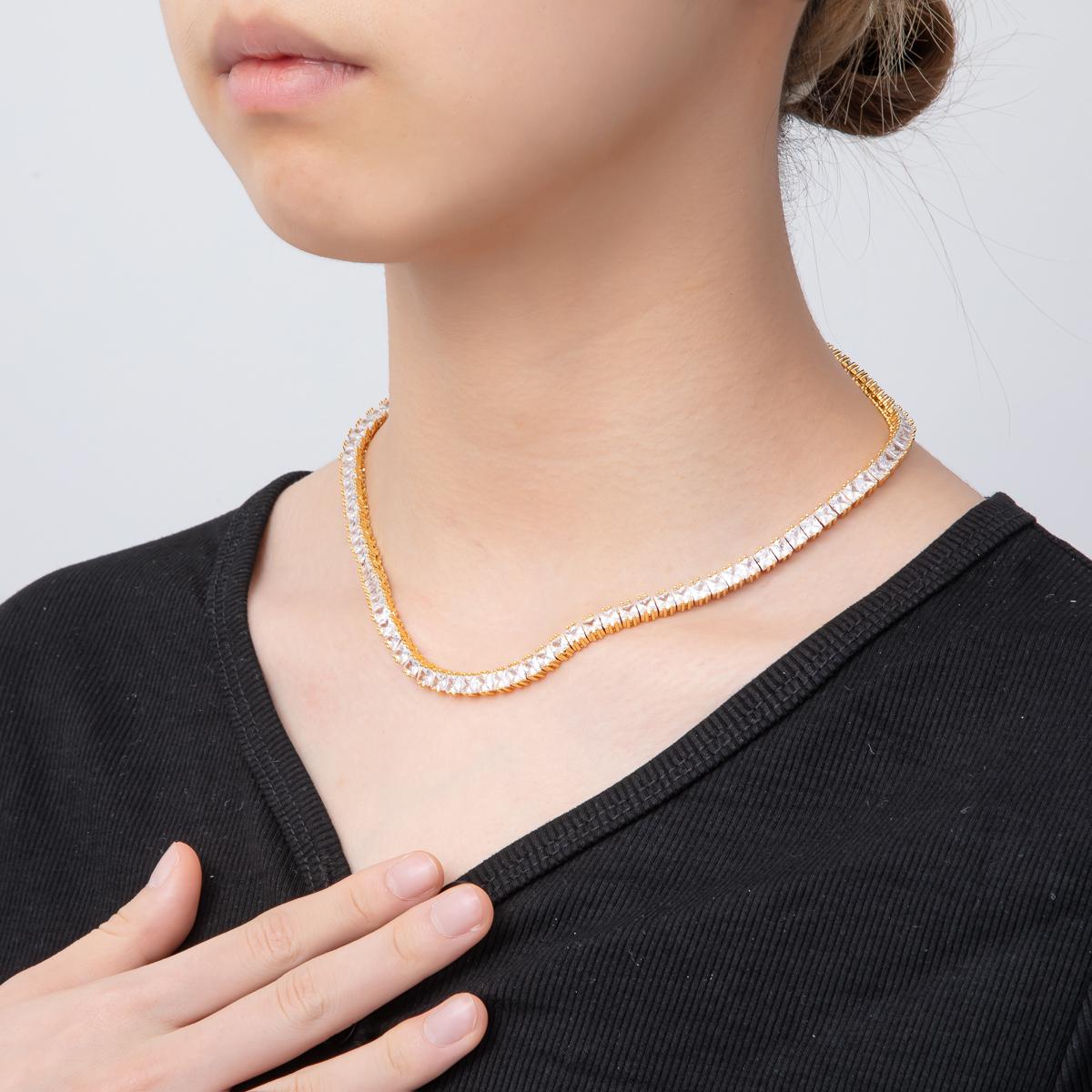 Dainty Classic Tennis Necklace, Gold 17 inch Layer Necklace Simulated Diamond Necklace