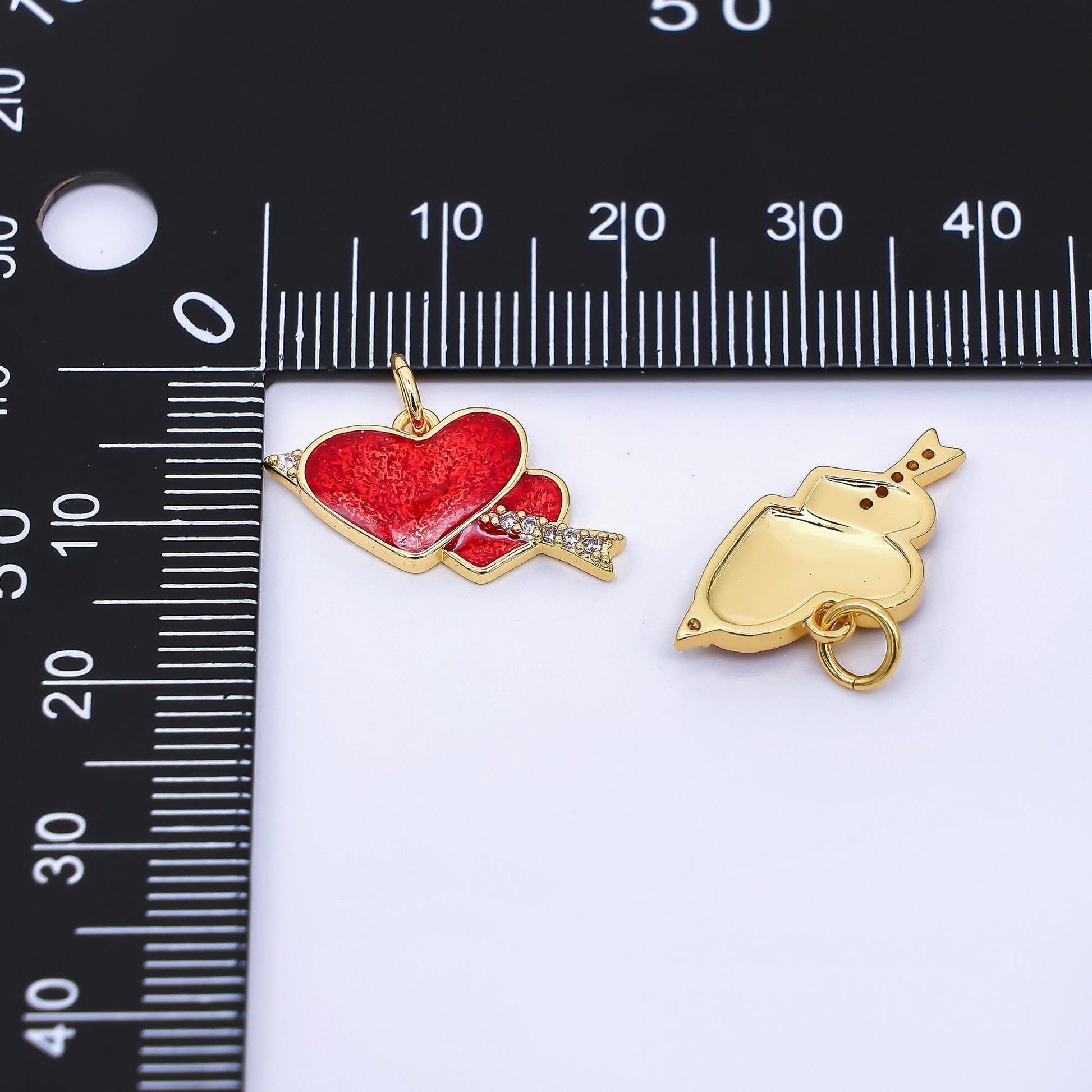 24K Gold Filled 11 mm Double Arrow Red CZ Heart Charm | AF-511