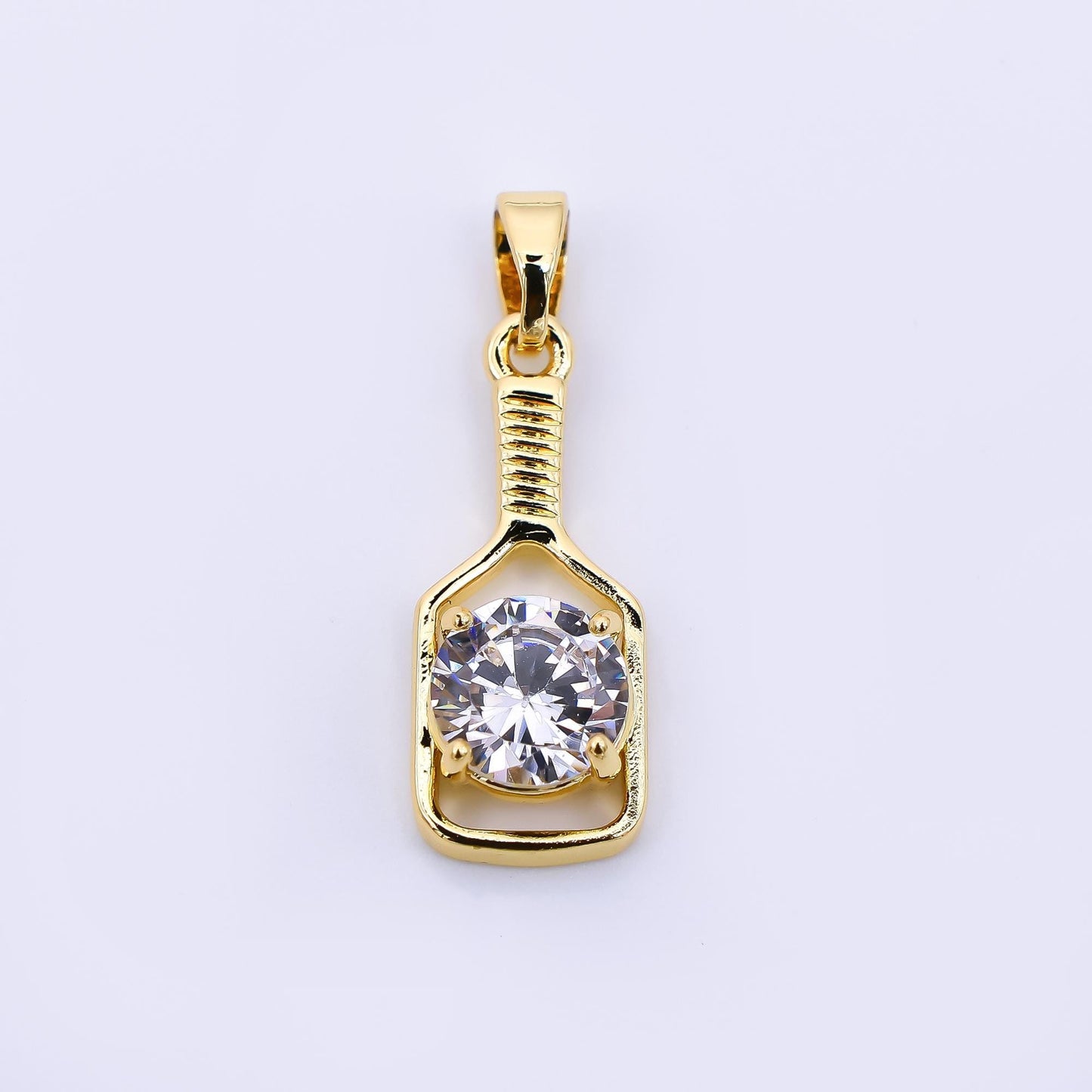24K Gold Filled 20mm Round CZ Sparkle Paddle Pickle Ball Racket Sport Charm | AH-472