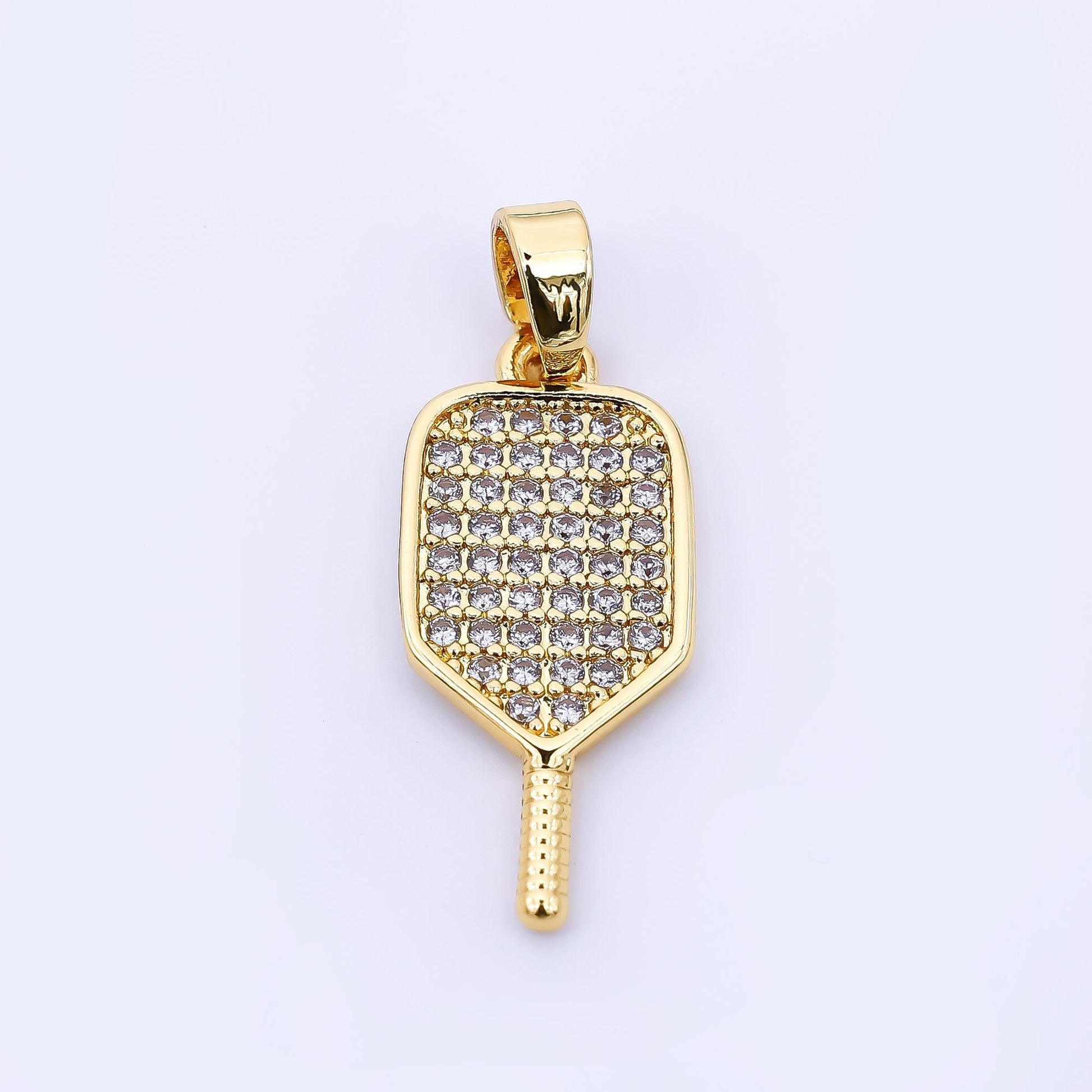 24K Gold Filled 28.5mm Micro Paved CZ Classic Paddle Pickle Ball Racket Sport Charm | AH-473