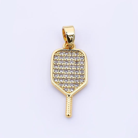24K Gold Filled 28.5mm Micro Paved CZ Classic Paddle Pickle Ball Racket Sport Charm | AH-473
