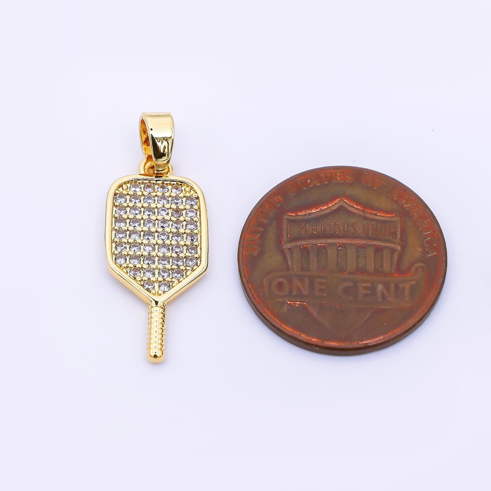 24K Gold Filled 28.5mm Micro Paved CZ Classic Paddle Pickle Ball Racket Sport Charm | AH-473