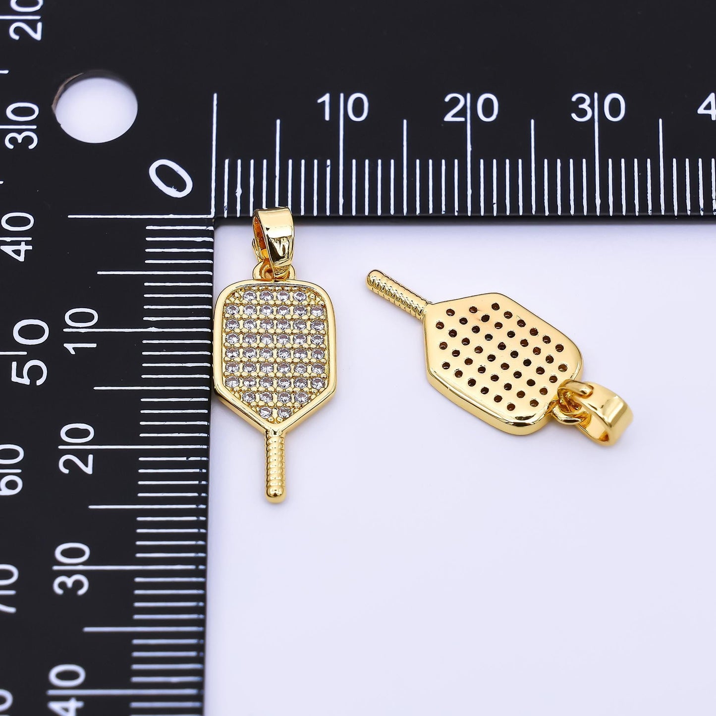 24K Gold Filled 28.5mm Micro Paved CZ Classic Paddle Pickle Ball Racket Sport Charm | AH-473
