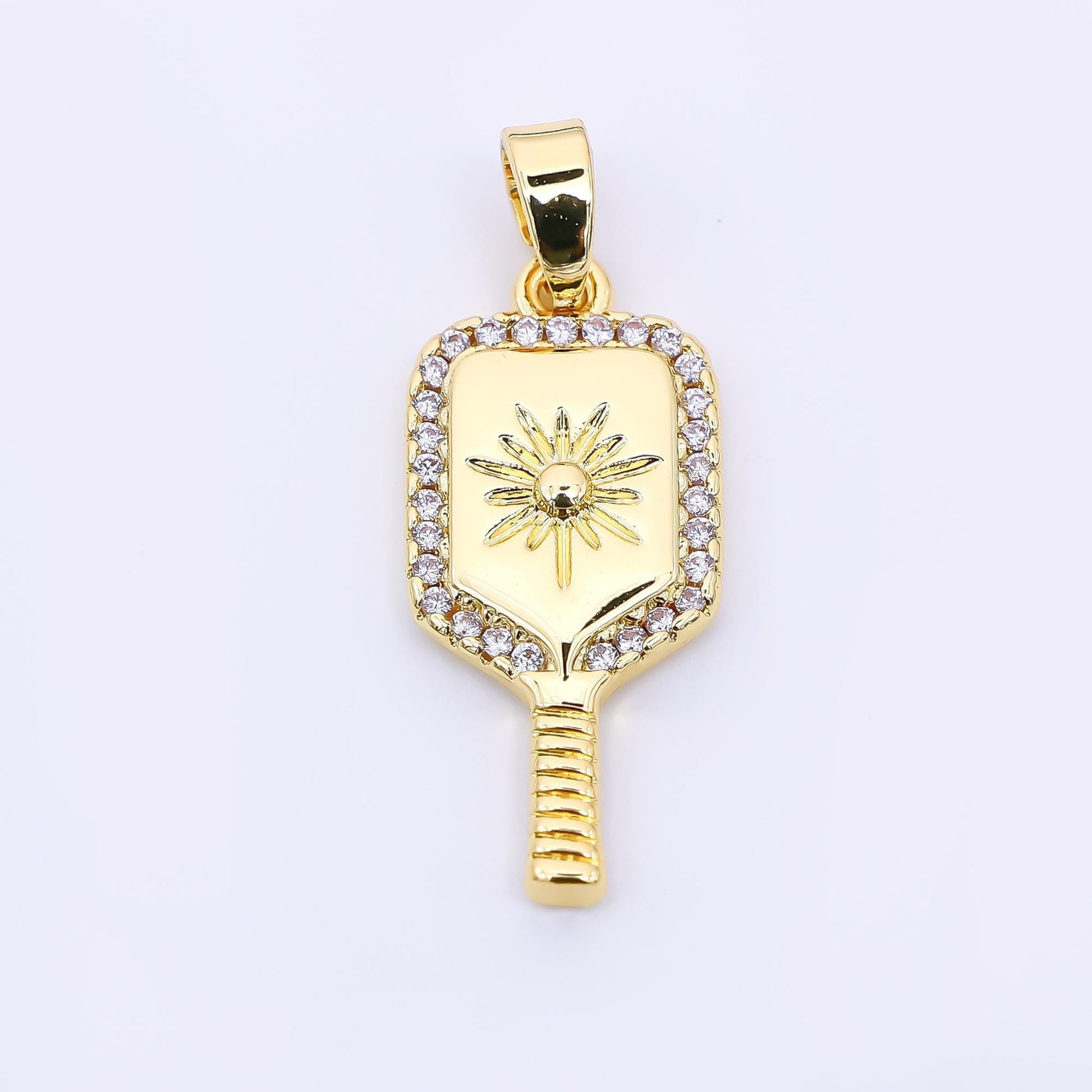 24K Gold Filled 22mm Micro Paved CZ Sun Paddle Pickle Ball Racket Sport Charm | AH-474