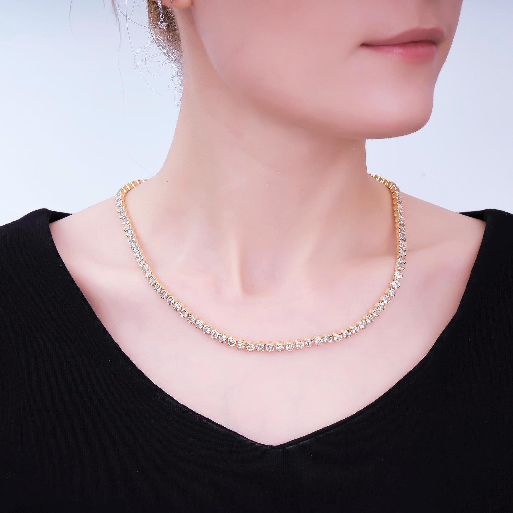 Clear Round Bezel Cubic Zirconia Tennis 16.5 inch Gold Filled CZ Necklace | WA-3768