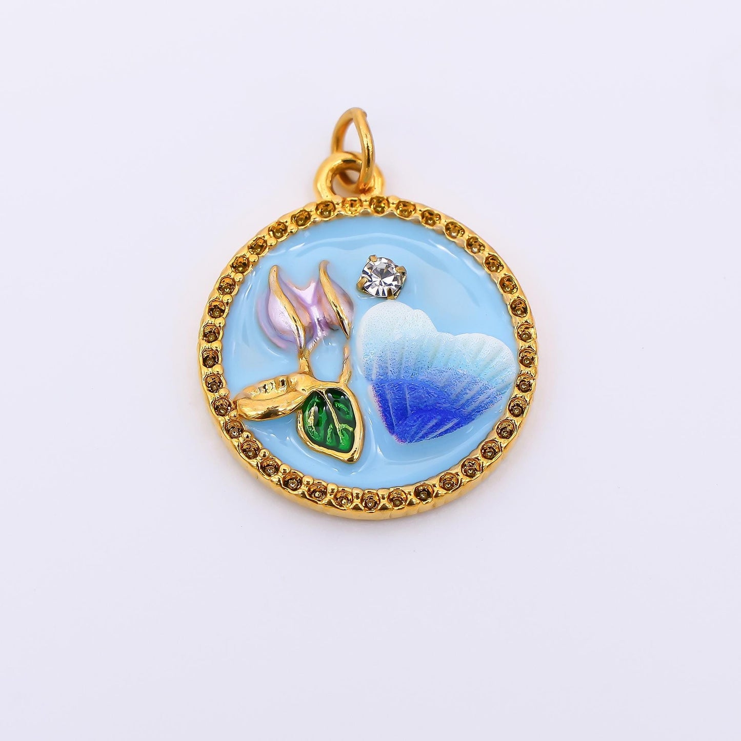Gold Stainless Steel 23mm Round CZ Hand-Painted Enamel Flower and Heart Charm in Pink & Blue | J012