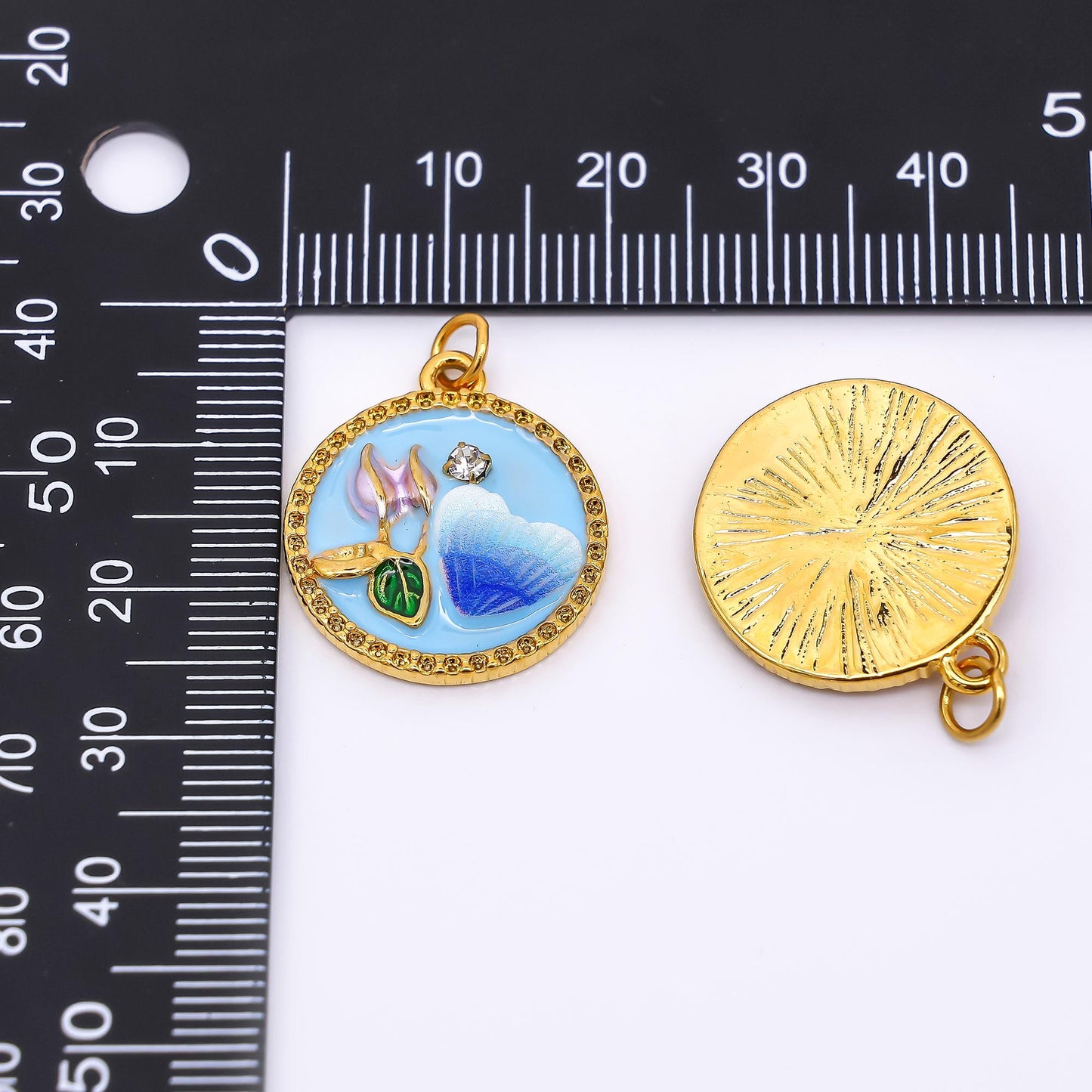 Gold Stainless Steel 23mm Round CZ Hand-Painted Enamel Flower and Heart Charm in Pink & Blue | J012