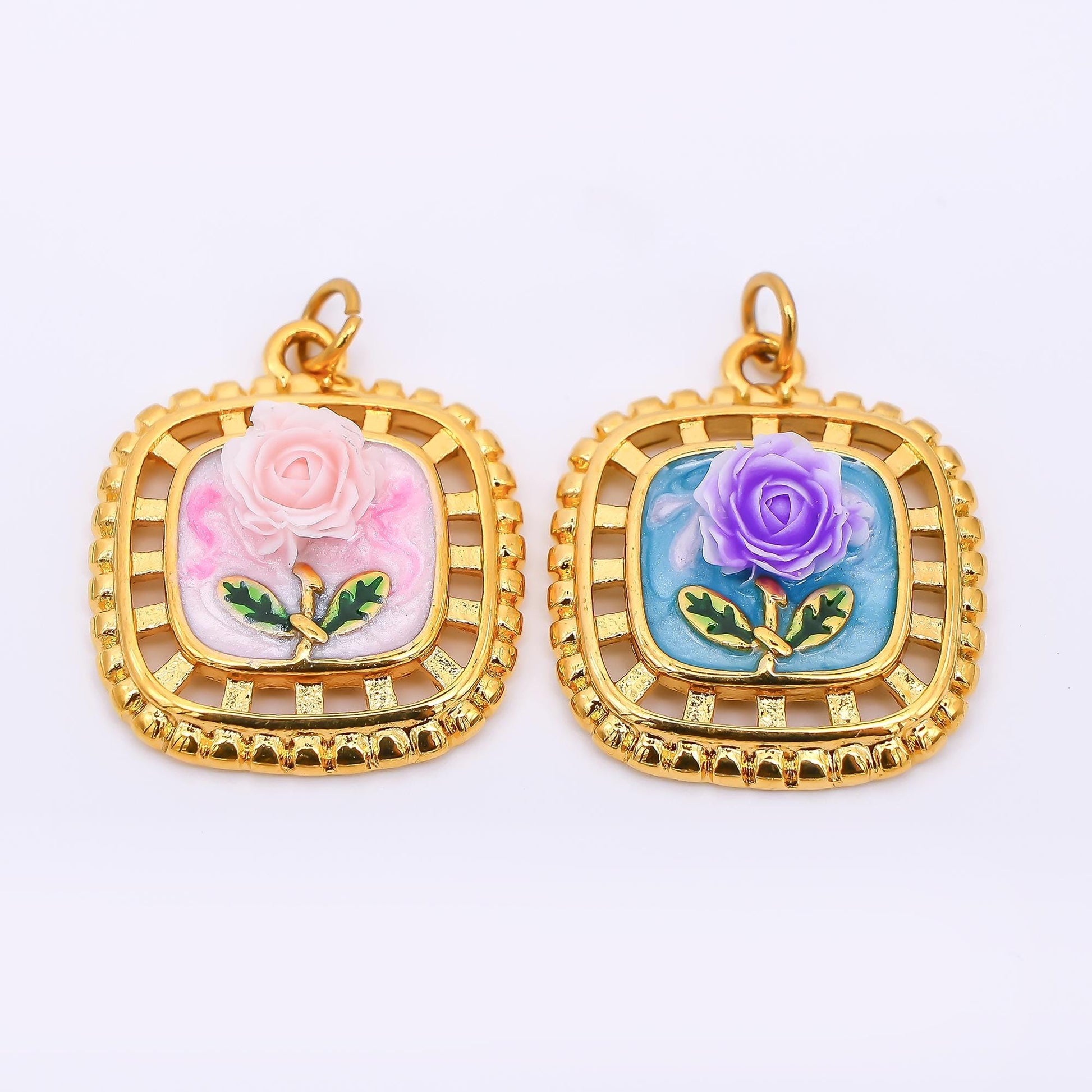 Gold Stainless Steel 24mm Hand-Painted Enamel Locket Flower Charm in Pink & Blue | J028