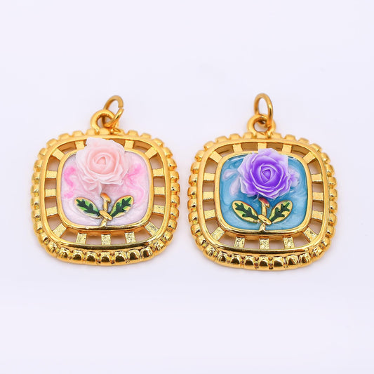 Gold Stainless Steel 24mm Hand-Painted Enamel Locket Flower Charm in Pink & Blue | J028