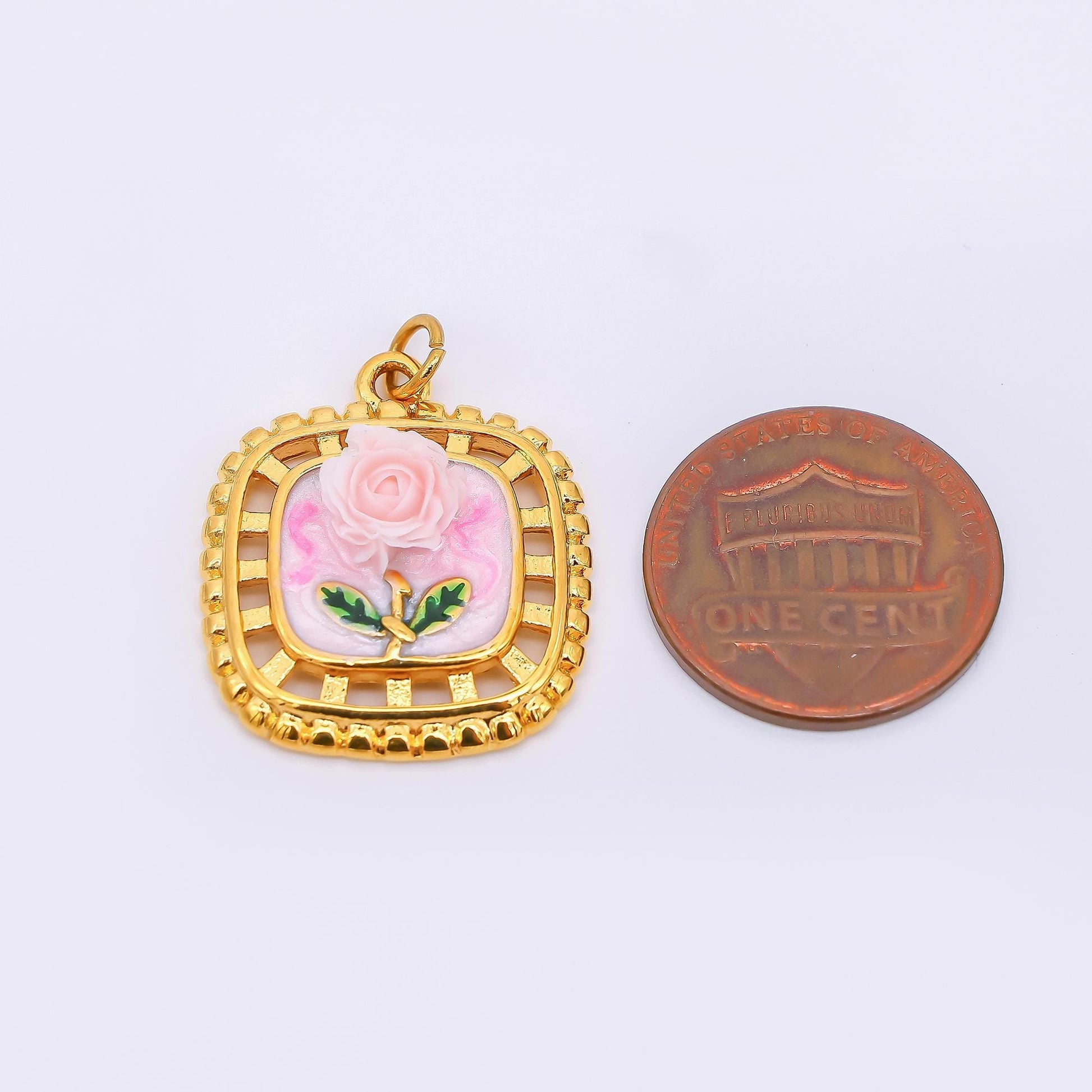 Gold Stainless Steel 24mm Hand-Painted Enamel Locket Flower Charm in Pink & Blue | J028
