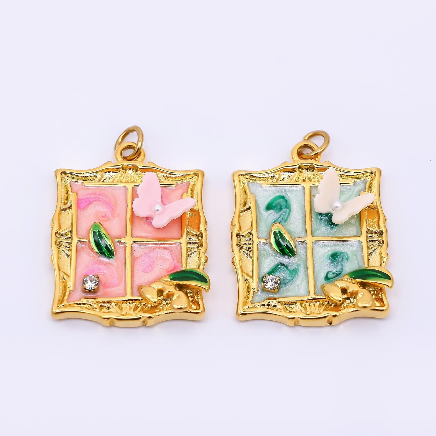 Gold Stainless Steel 26mm Hand-Painting Enamel Windows with Butterfly Charm in Green & Pink | J010