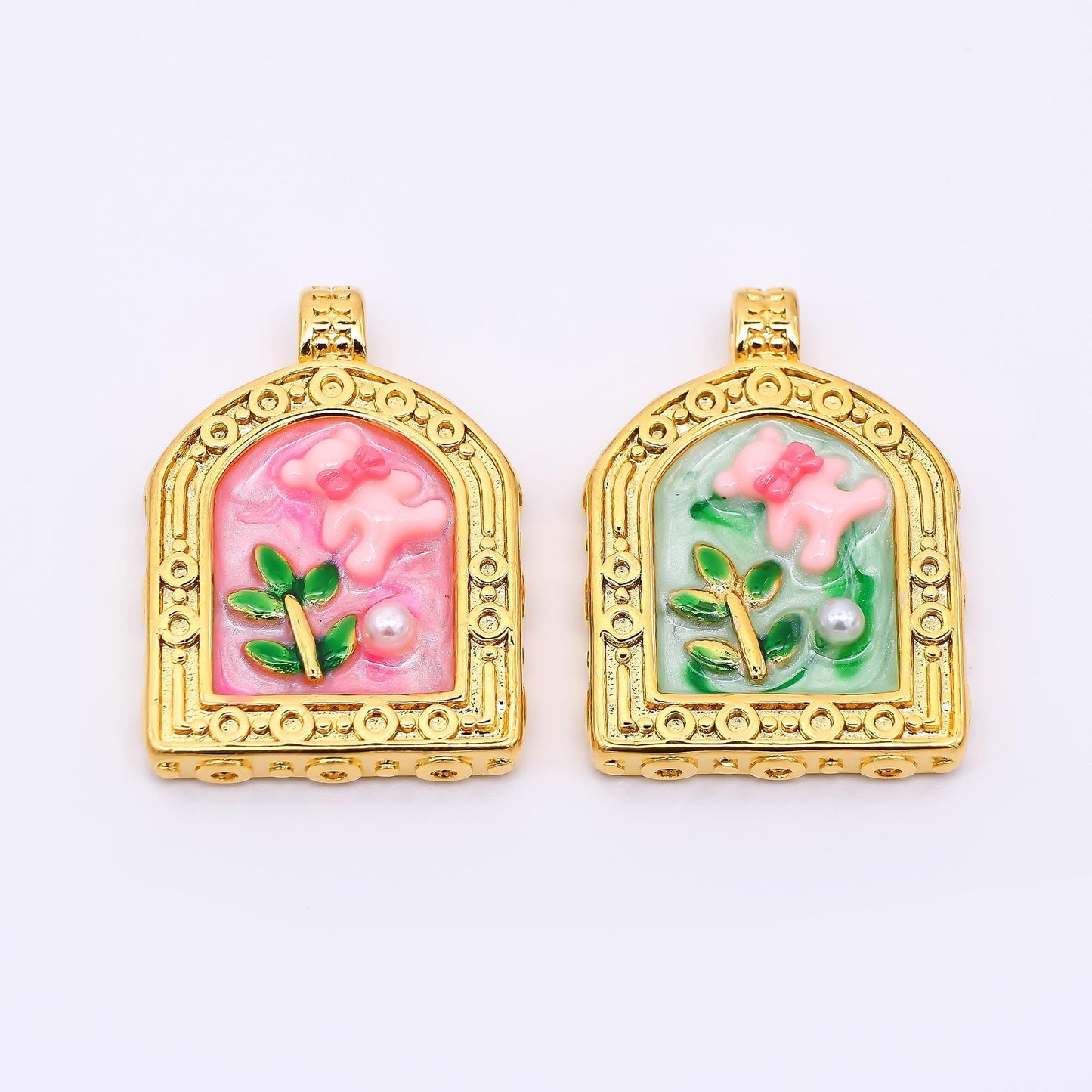 Gold Stainless Steel 30mm Hand-Painted Enamel Teddy Bear and Shell Pearl Pendant in Pink & Green | P663