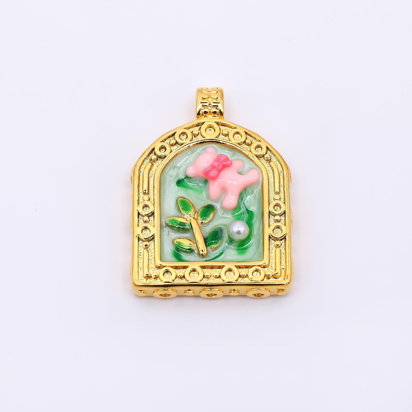 Gold Stainless Steel 30mm Hand-Painted Enamel Teddy Bear and Shell Pearl Pendant in Pink & Green | P663