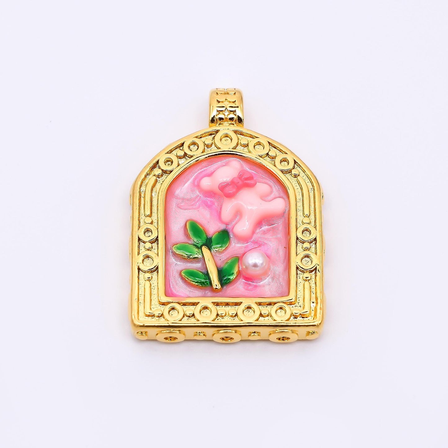 Gold Stainless Steel 30mm Hand-Painted Enamel Teddy Bear and Shell Pearl Pendant in Pink & Green | P663