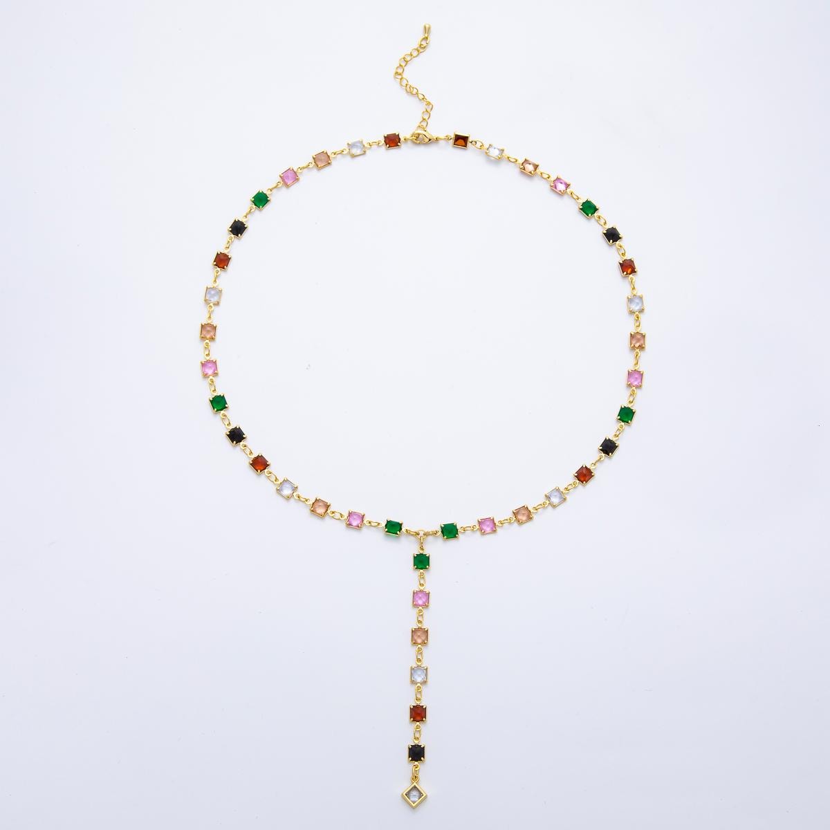 18K Gold Filled Lariat Necklace, Y Necklace, Clear, Multi Color CZ Necklace, Minimalist Jewelry Long Gold Necklace 19.5 inch WA-3274