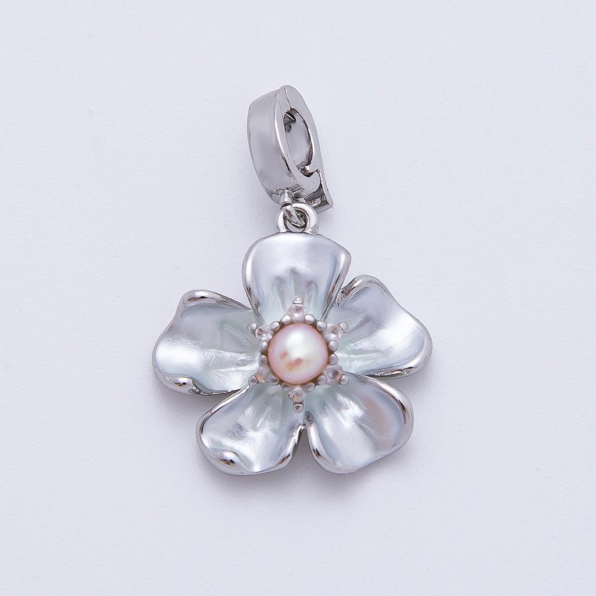 Silver Hibiscus flower Pearl Floral Charm pendant with Clip Bail Enhancer | AF-1142