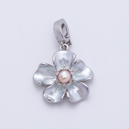 Silver Hibiscus flower Pearl Floral Charm pendant with Clip Bail Enhancer | AF-1142
