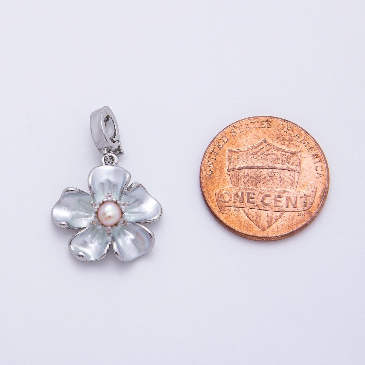 Silver Hibiscus flower Pearl Floral Charm pendant with Clip Bail Enhancer | AF-1142