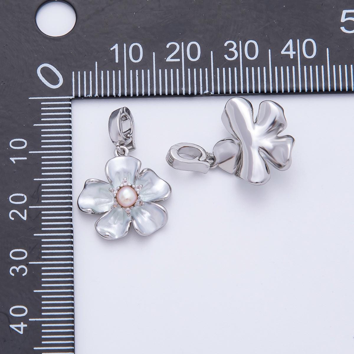 Silver Hibiscus flower Pearl Floral Charm pendant with Clip Bail Enhancer | AF-1142