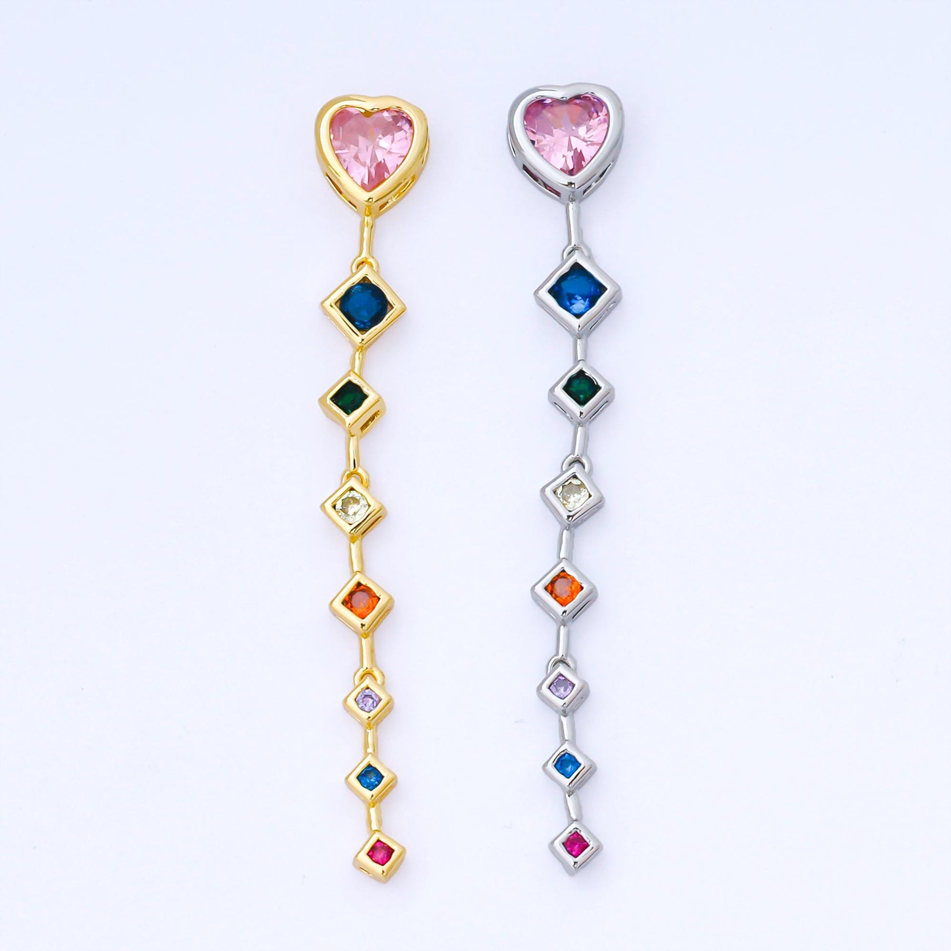 Pink Heart Drop Charm with Multi Color cz rhombus drop 24k Gold Filled Lariat Necklace charm | b-481