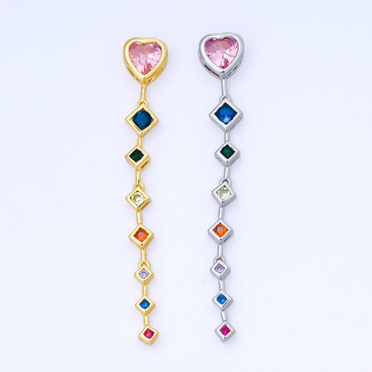 Pink Heart Drop Charm with Multi Color cz rhombus drop 24k Gold Filled Lariat Necklace charm | b-481