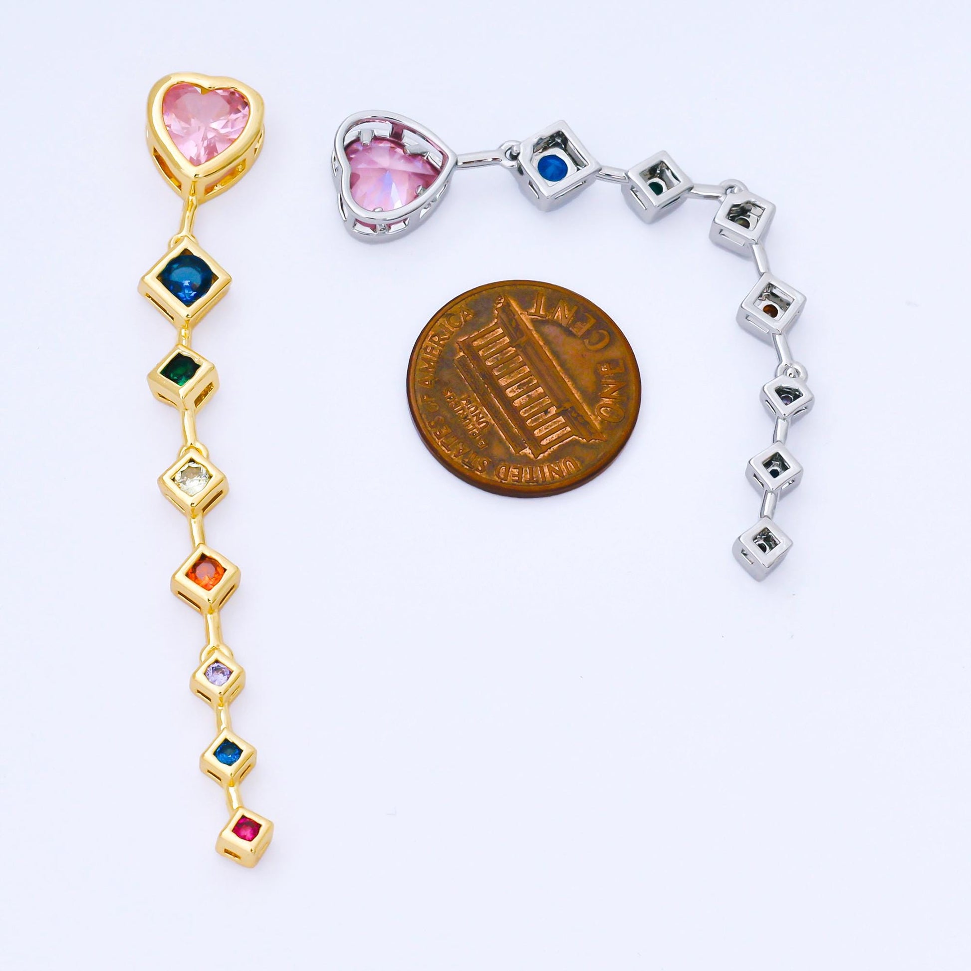 Pink Heart Drop Charm with Multi Color cz rhombus drop 24k Gold Filled Lariat Necklace charm | b-481