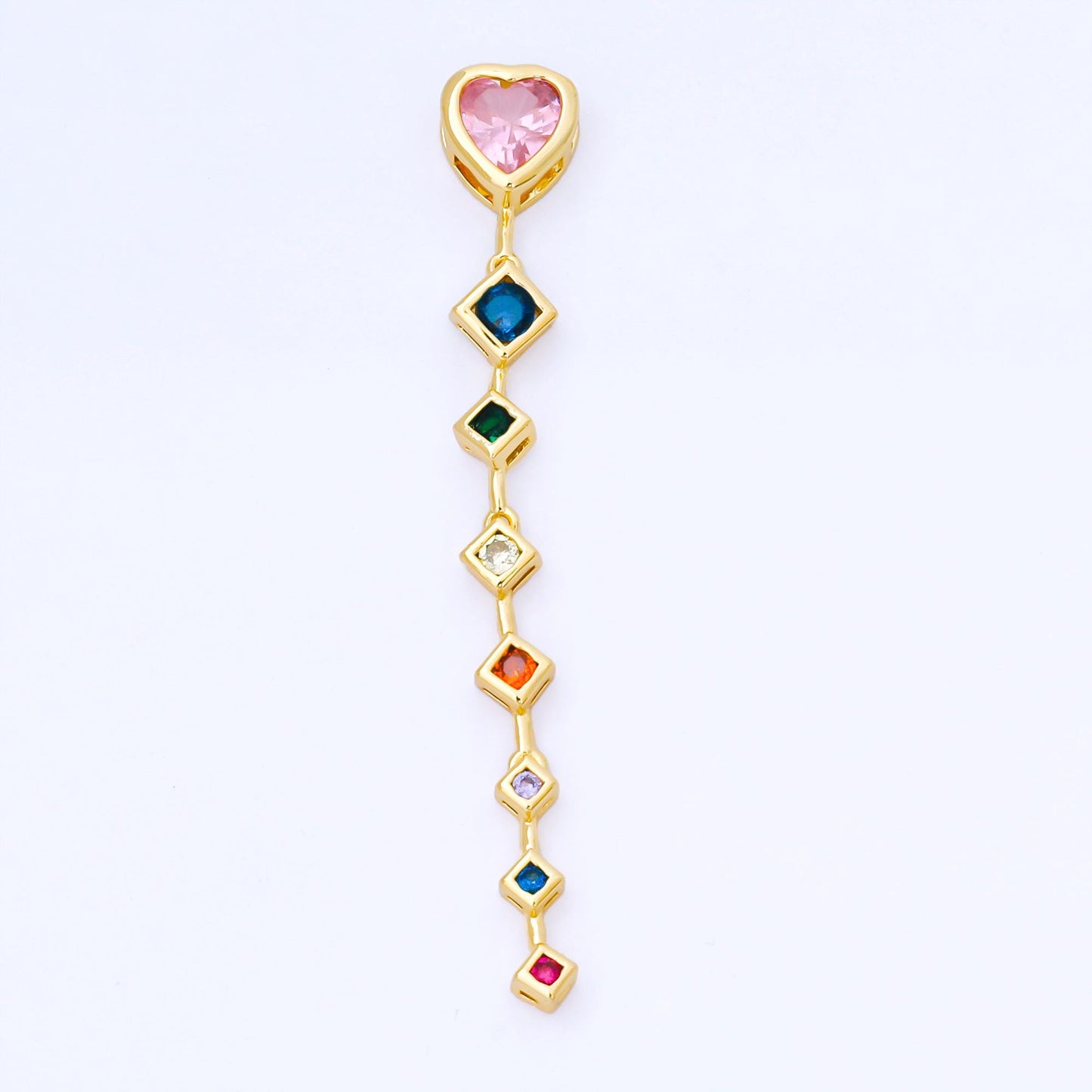 Pink Heart Drop Charm with Multi Color cz rhombus drop 24k Gold Filled Lariat Necklace charm | b-481