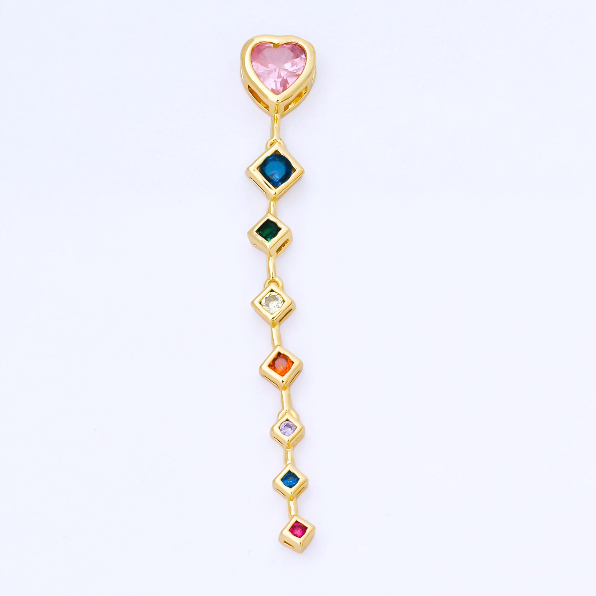 Pink Heart Drop Charm with Multi Color cz rhombus drop 24k Gold Filled Lariat Necklace charm | b-481