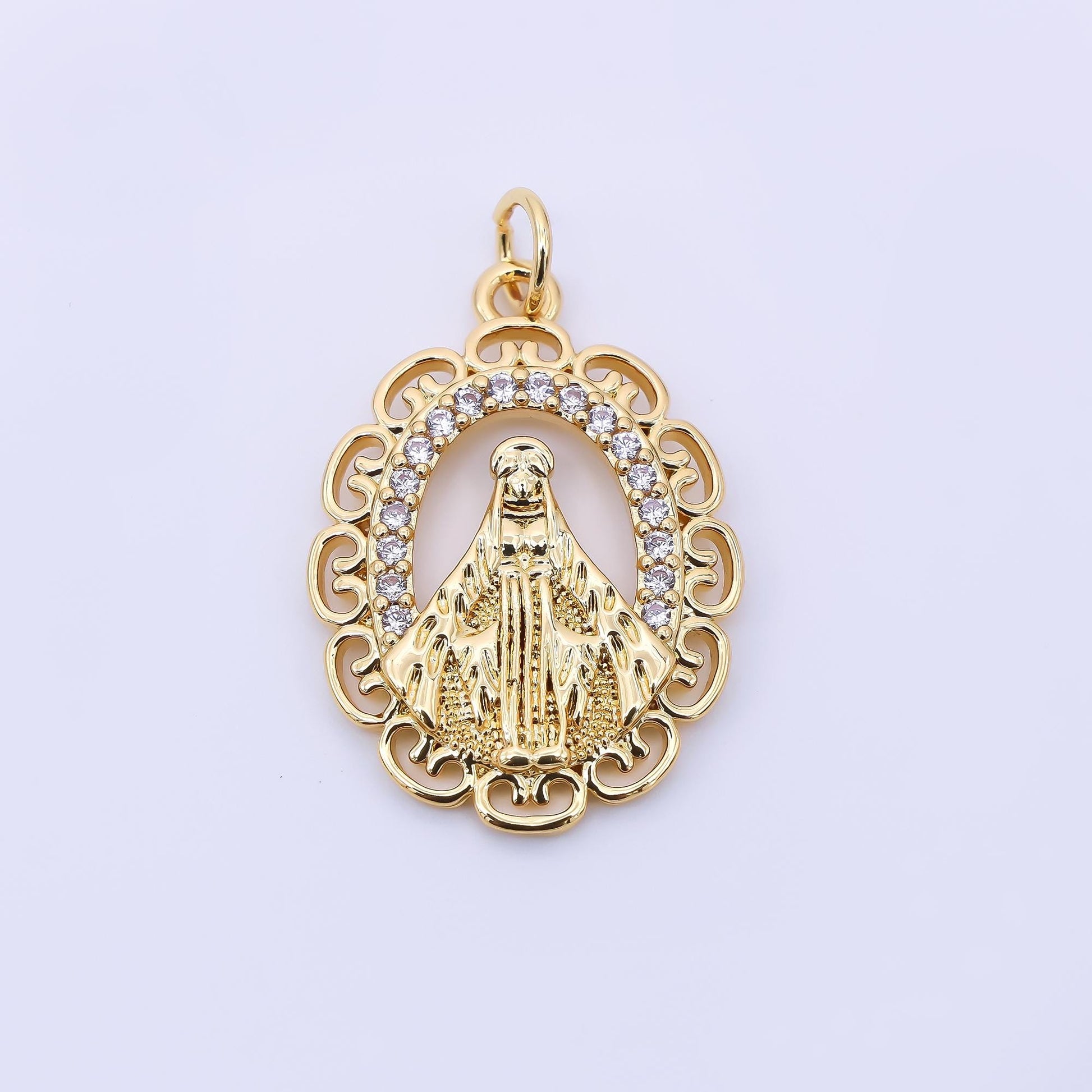 24K Gold Filled 24mm Micro Paved CZ Bless Mother Virgin Mary Religious Medallion Charm | AC1607