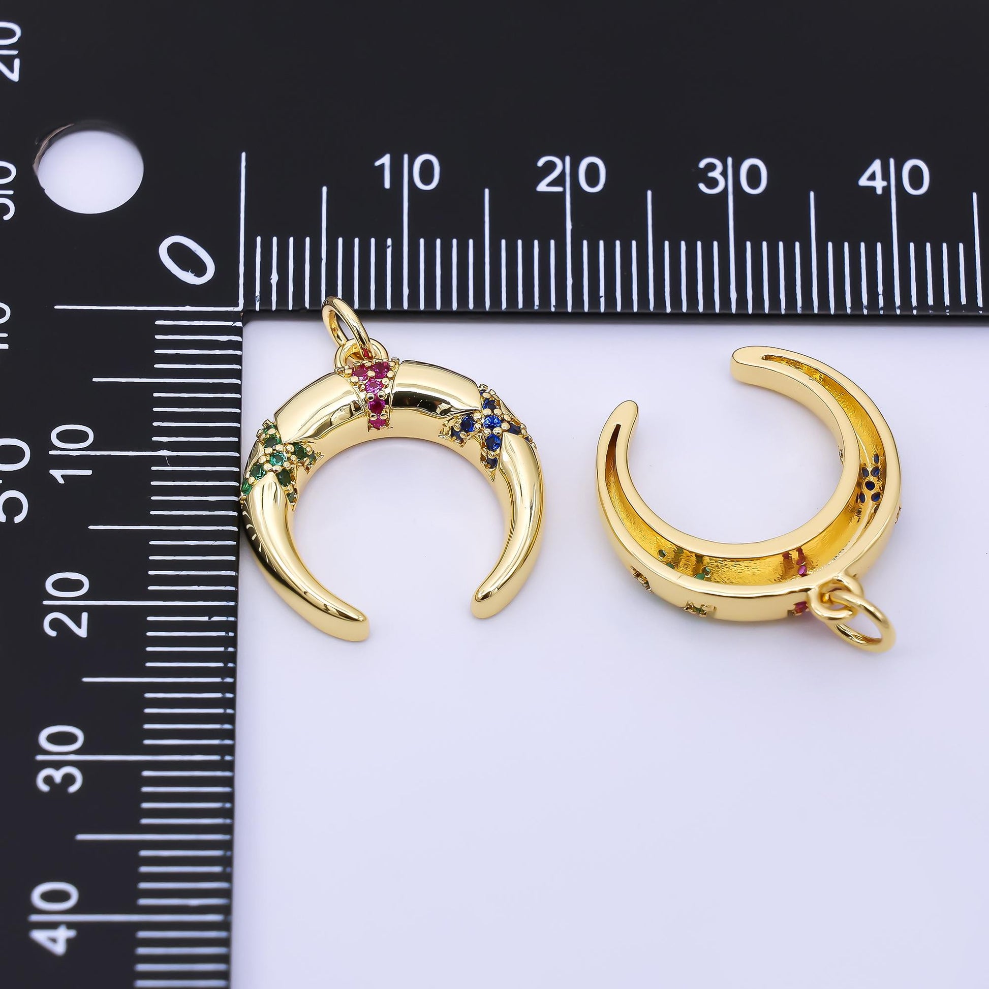 24K Gold Filled 20mm Green, Fuchsia, & Blue Micro Paved CZ Crescent Moon Charm | AC1610