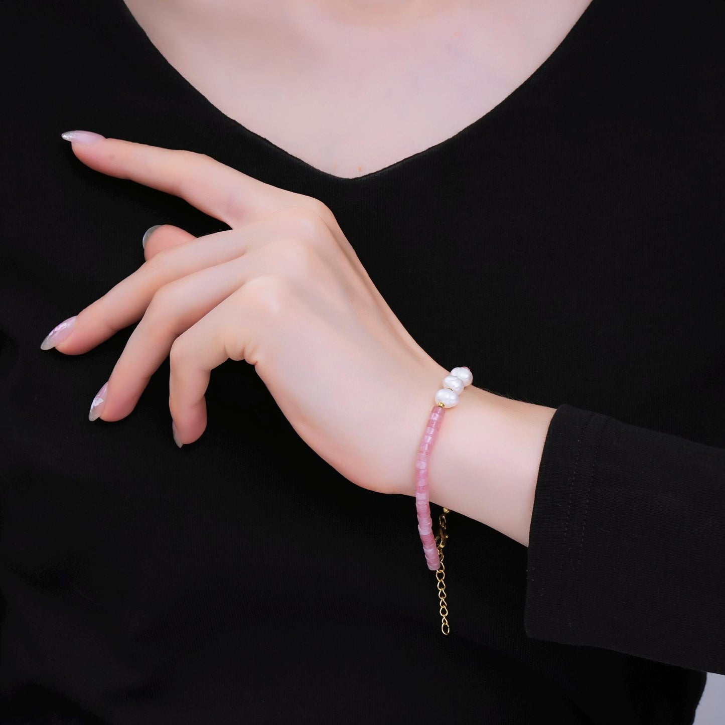 Pink gem stone beaded Bracelet Pearl handmade jewelry WA-1347